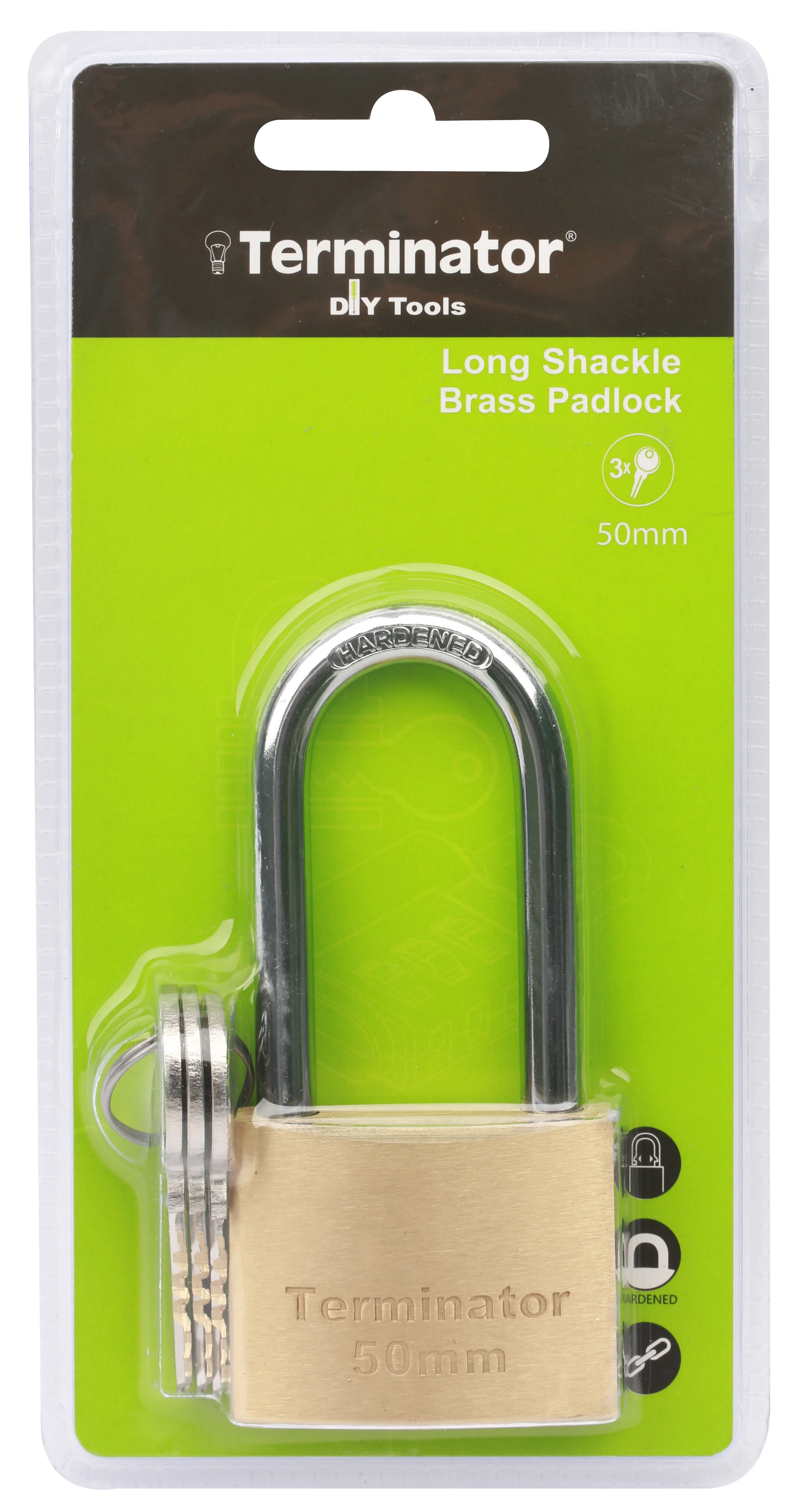 TERMINATOR Long Shackle Brass Pad lock (50mm) with 3 keys