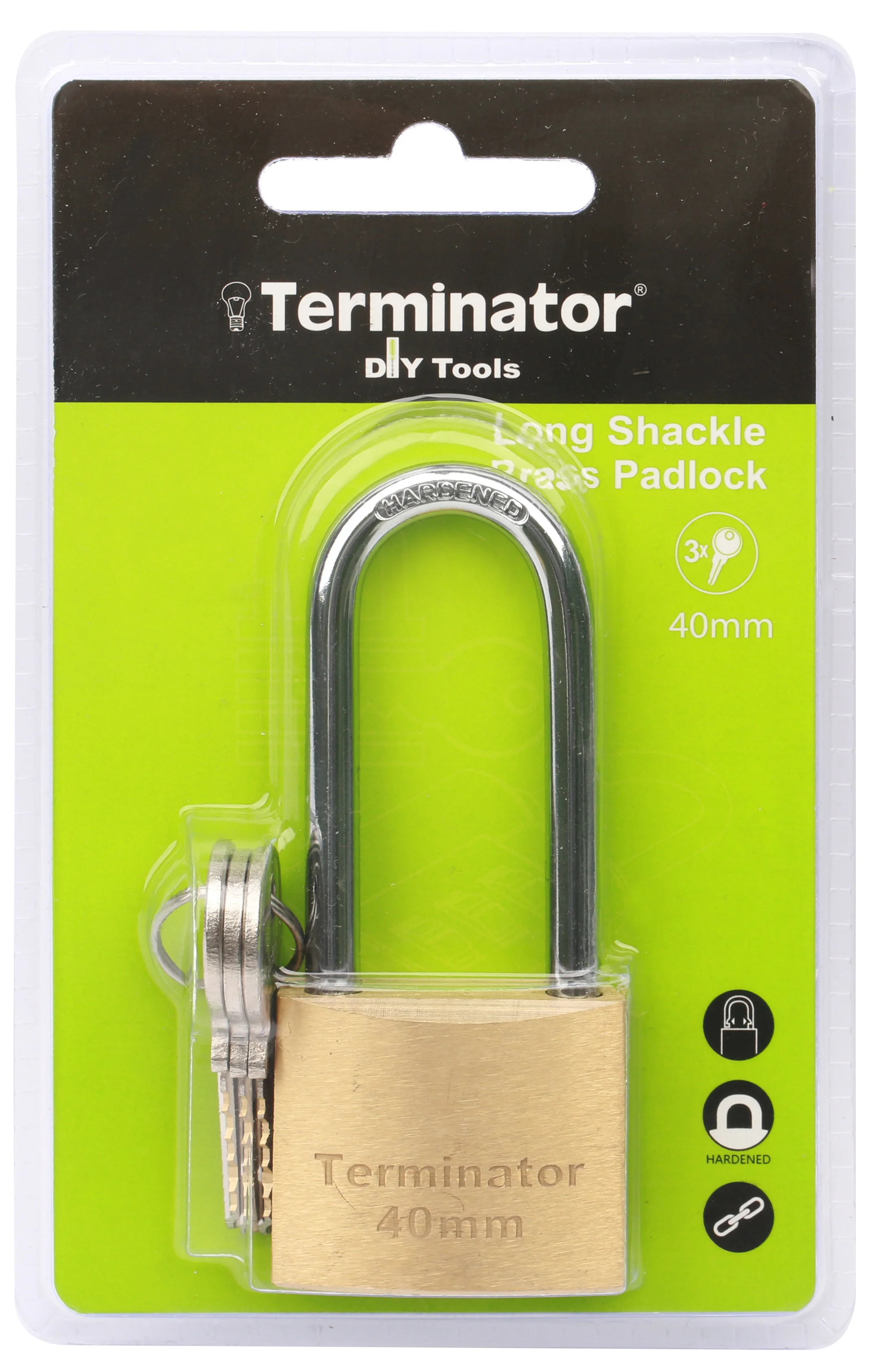 TERMINATOR Long Shackle Brass Pad lock (40mm) with 3 keys