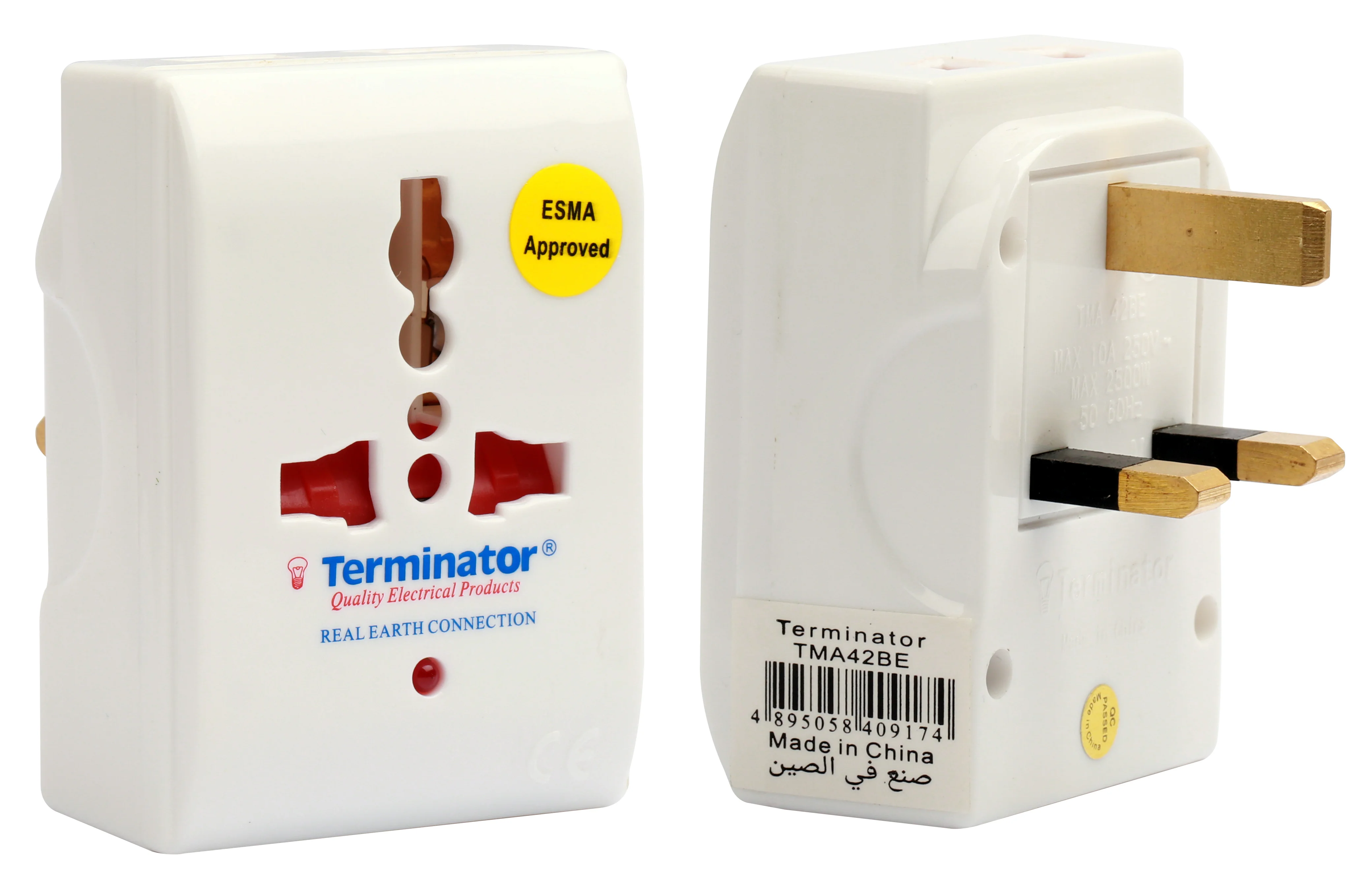 TERMINATOR 3 Way Universal Multi Adaptor ,One Universal Socket & 2x2 Round Pin Sockets With Live Earth 13A Plug