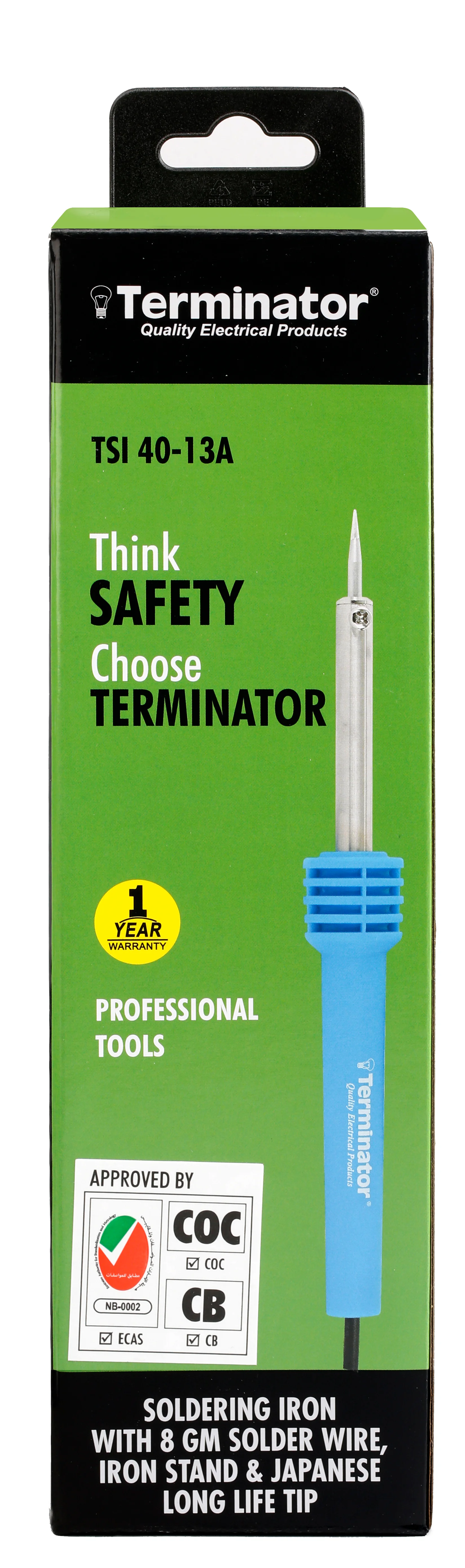 TERMINATOR Soldering Iron 40W with 13A plug, 8 Gm Solder Wire, Metal Stand and long life Tip.