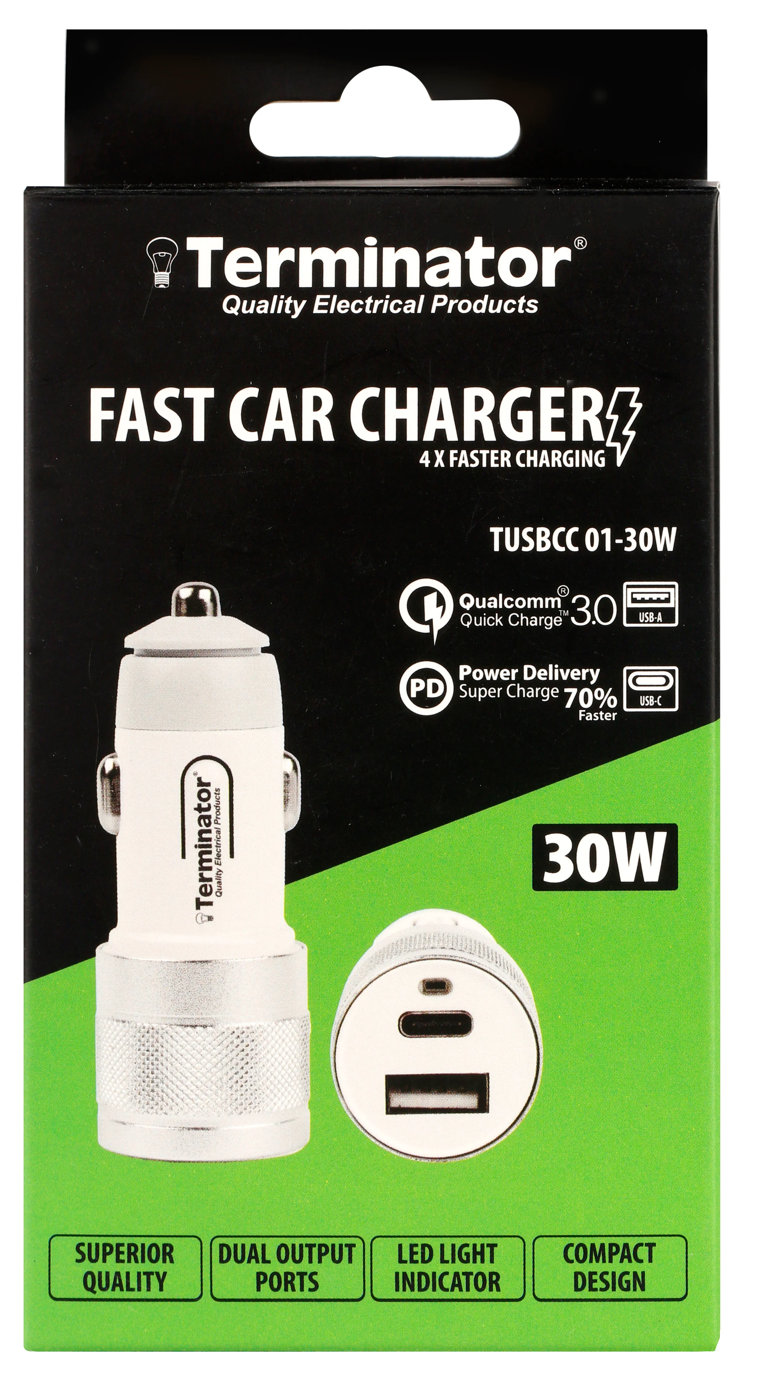 TERMINATOR USB Car Charger with 30W Fast Charging USB-A (QC3) & USB-C (PD) with Blue Light Indicator-White