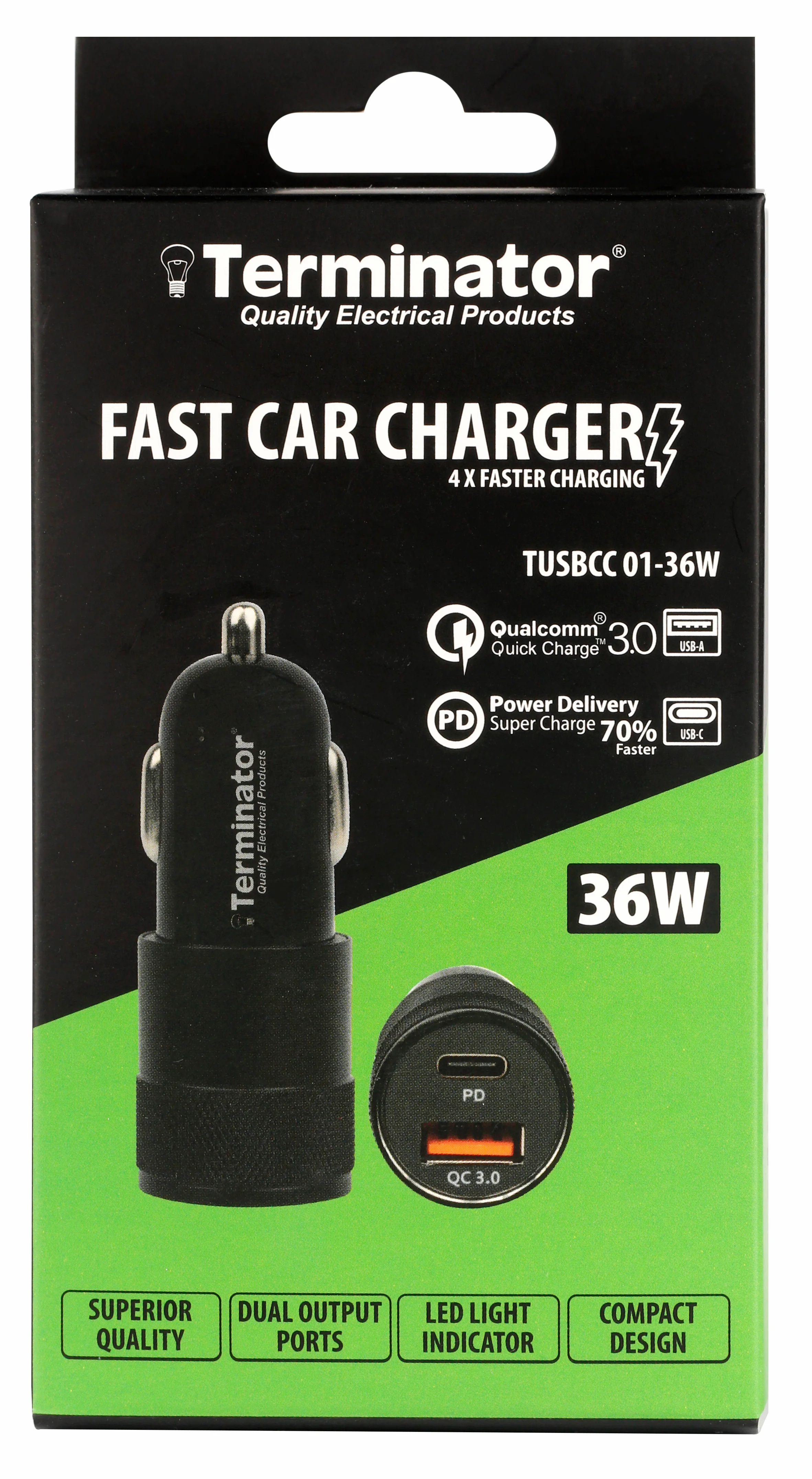 TERMINATORUSB Car Charger with 36W Fast Charging USB-A (QC3) & USB-C (PD) with Blue Light Indicator-Black