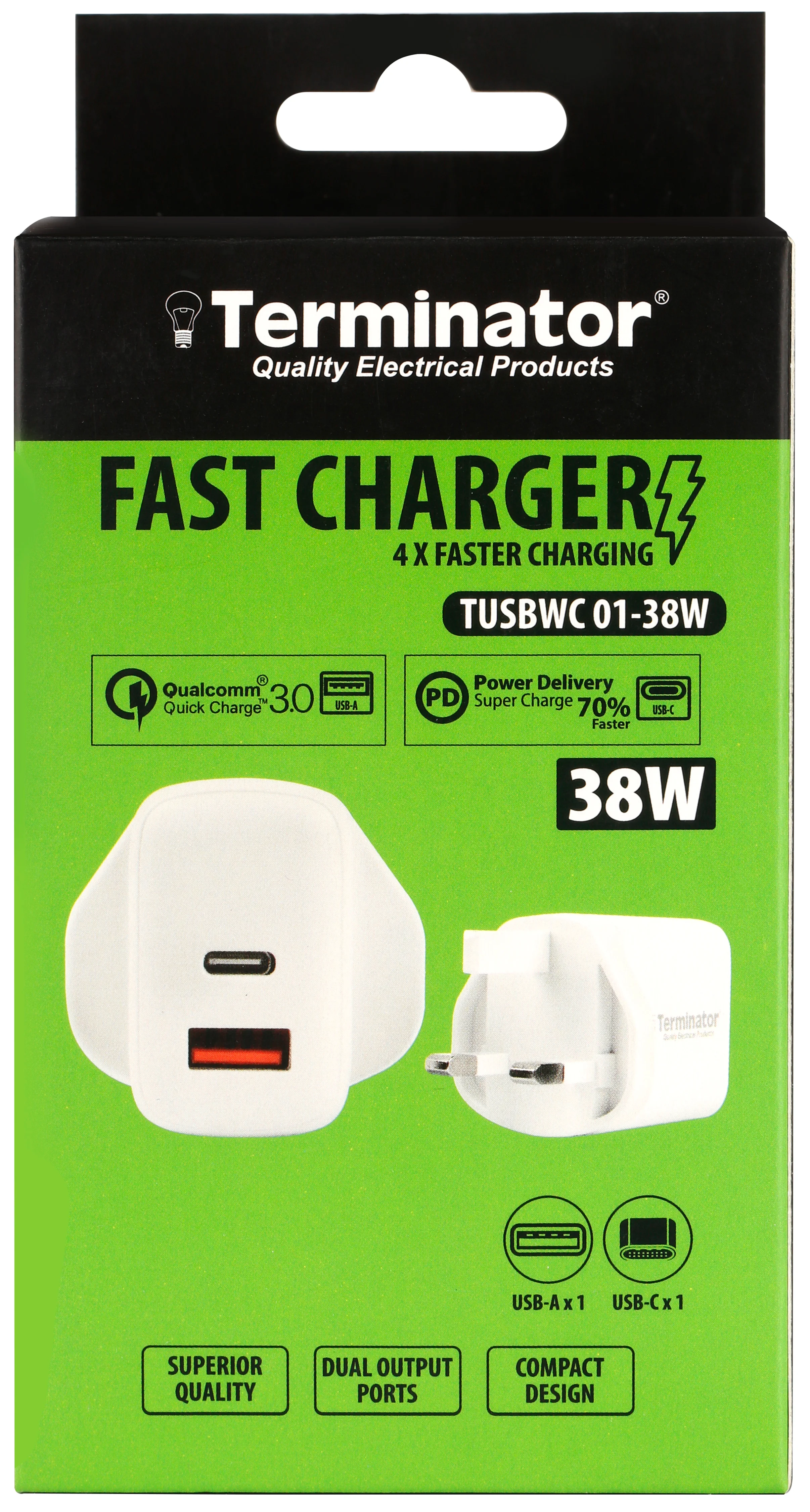 TERMINATORUSB Wall Charger with 38W Fast Charging USB-A (QC3) & USB-C (PD) with 13A Plug & Compact Design-White