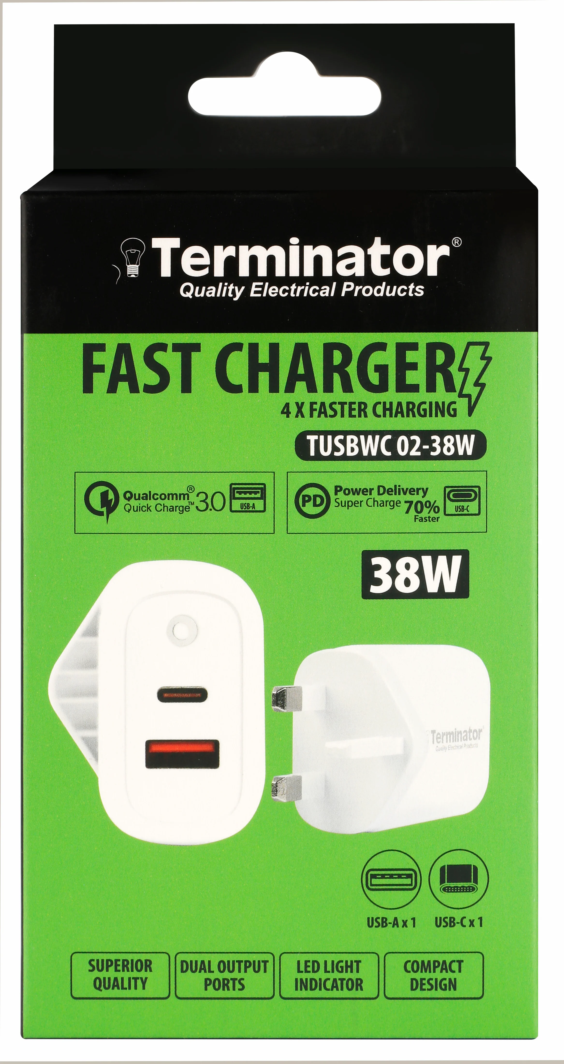 TERMINATOR USB Wall Charger with 38W Fast Charging USB-A (QC3) & USB-C (PD) with 13A Plug & Blue Light Indicator-White