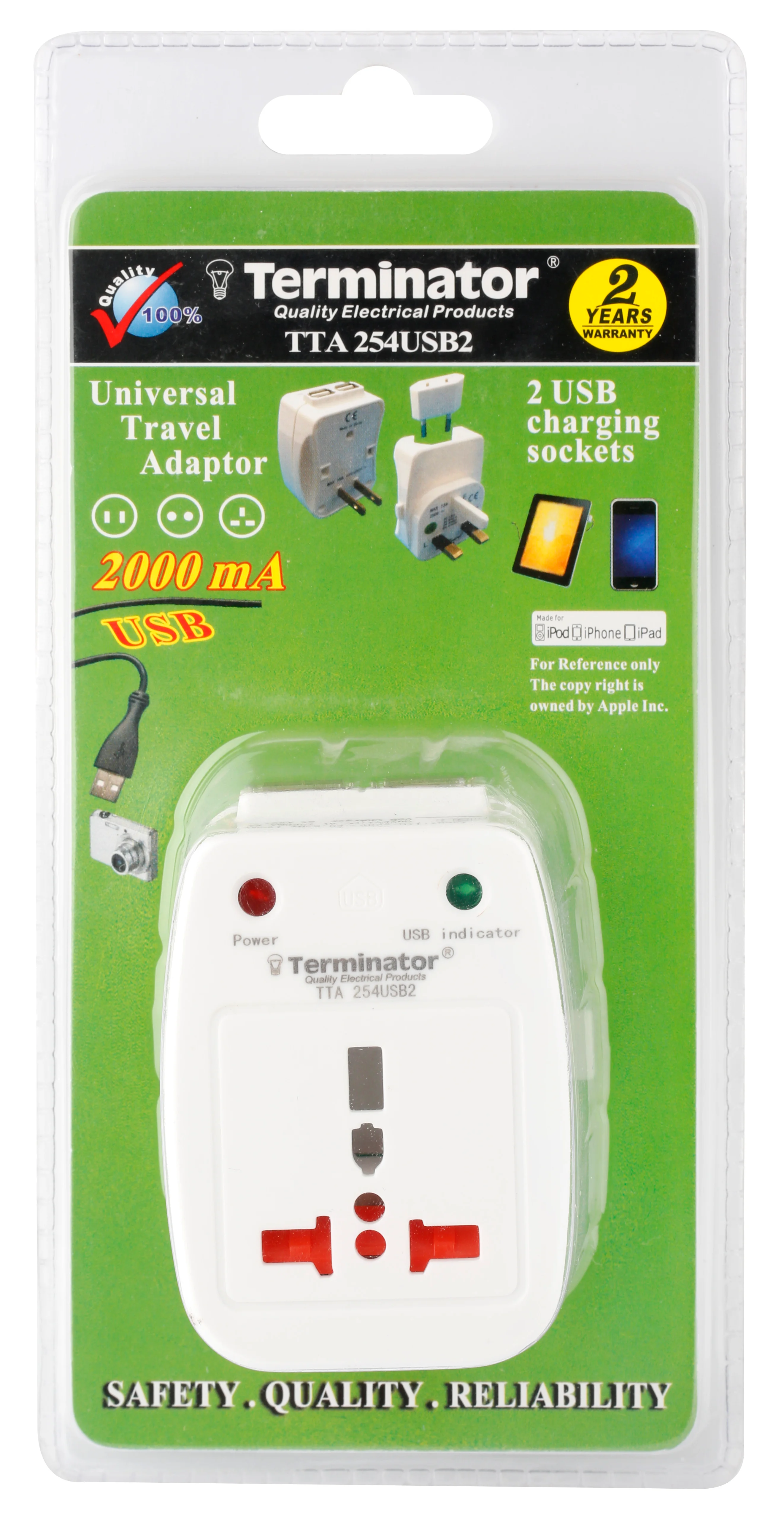 TERMINATOR Travel Adaptor With 2 USB 2A