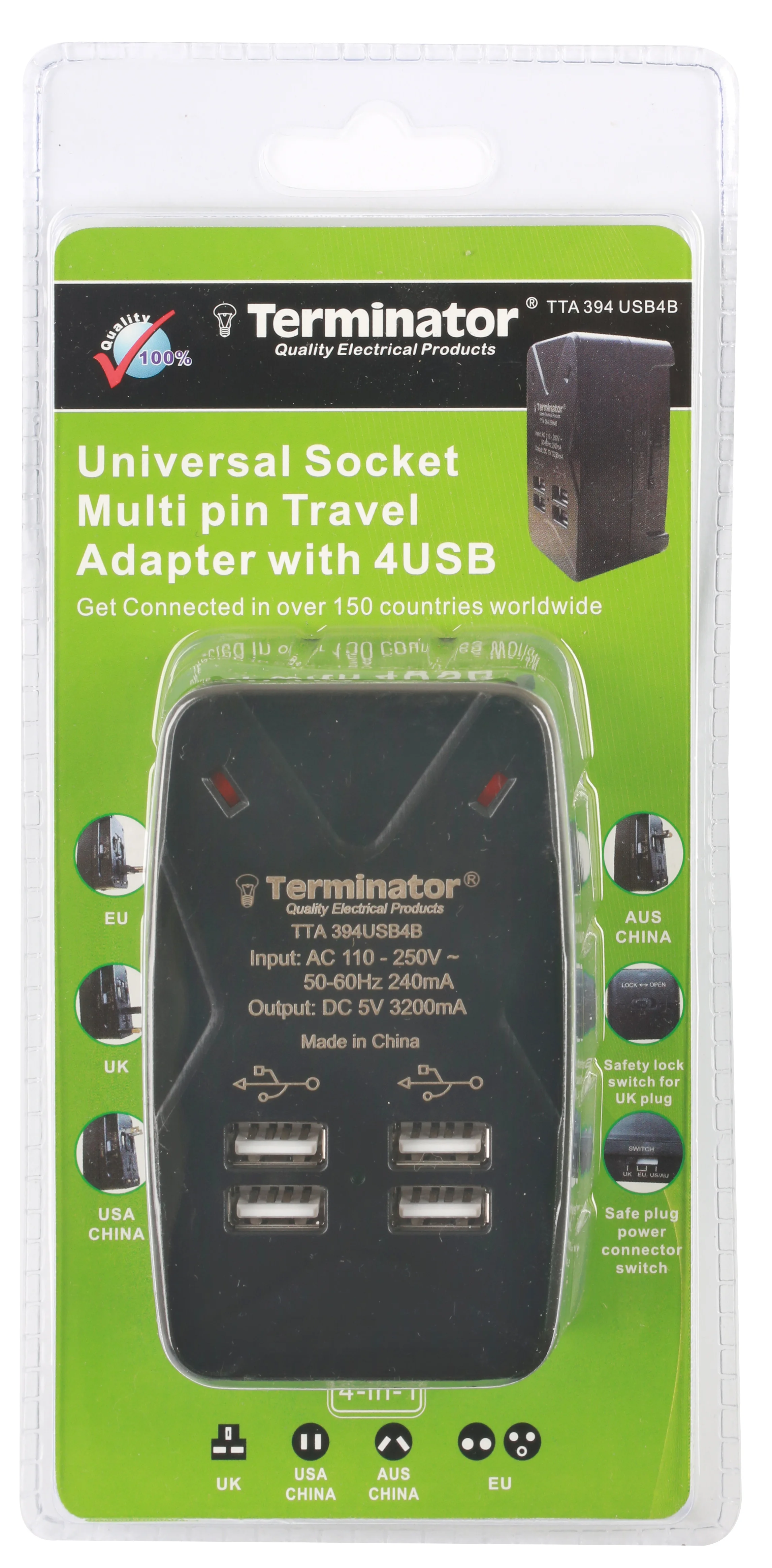 TERMINATOR Travel Adaptor Multi Plugs With One Universal Socket & 4 USB Charging Sockets Of 5V3.2A (Black)