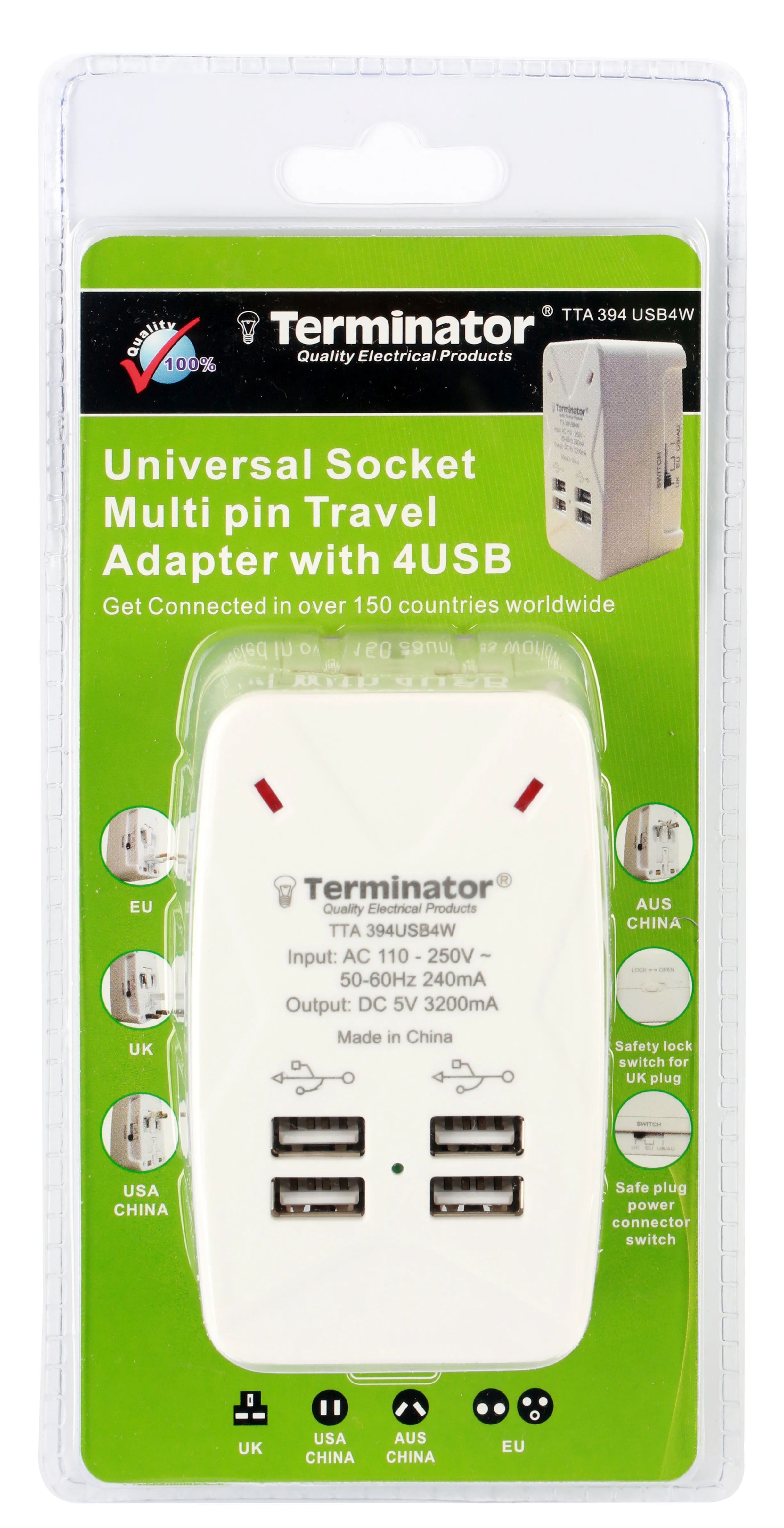 TERMINATOR Travel Adaptor Multi Plugs With One Universal Socket & 4 USB Charging Sockets Of 5V3.2A (Off White)