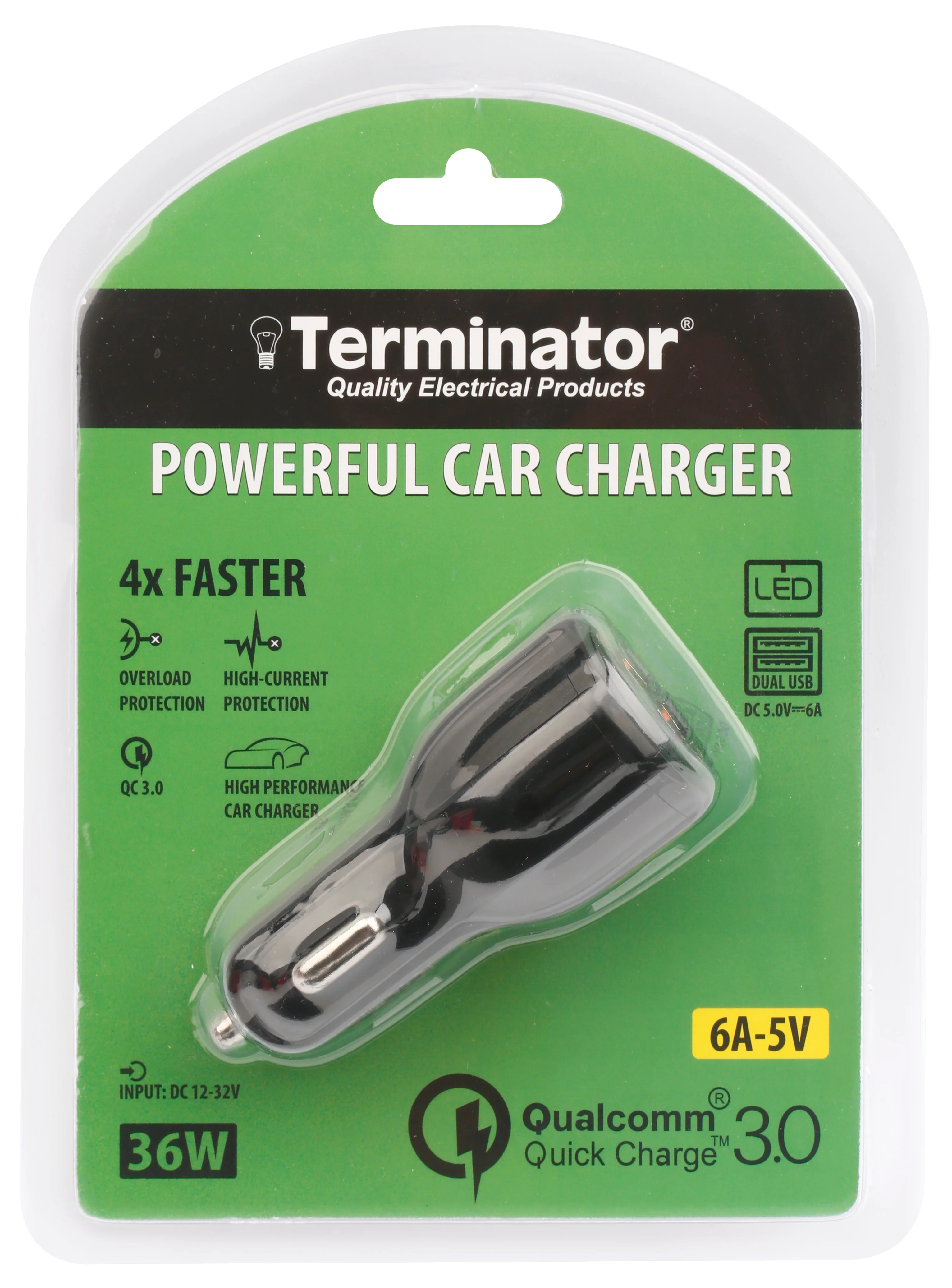 TERMINATOR Dual USB Fast Car Charger (6A-5V) -Black