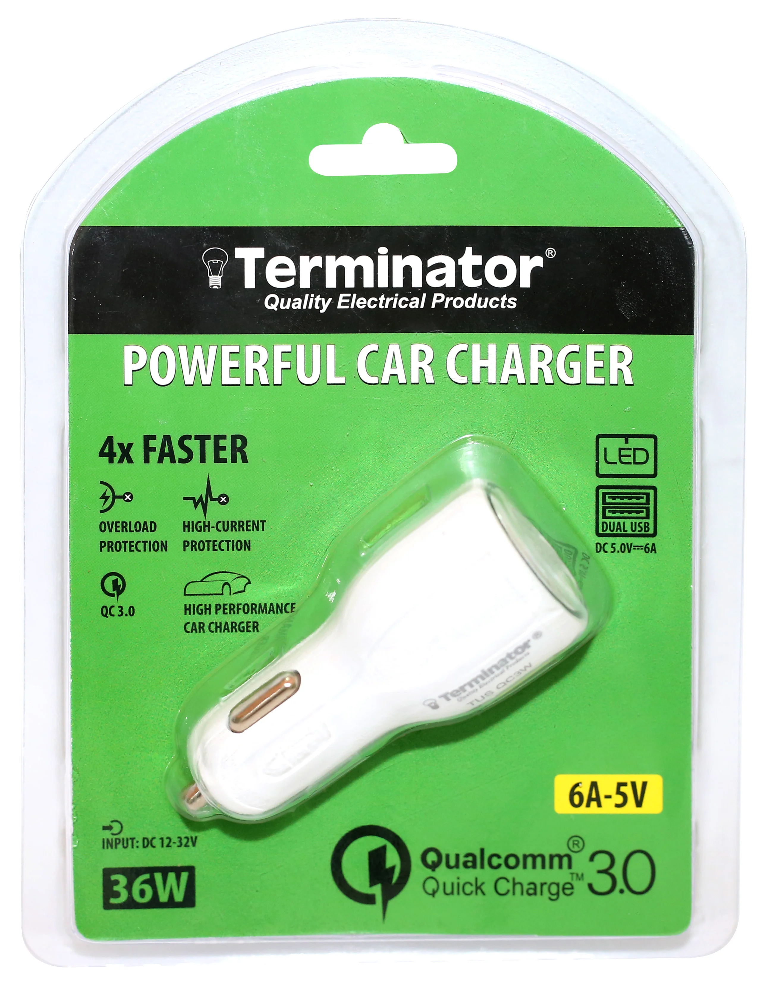 TERMINATOR Dual USB Fast Car Charger (6A-5V) -White