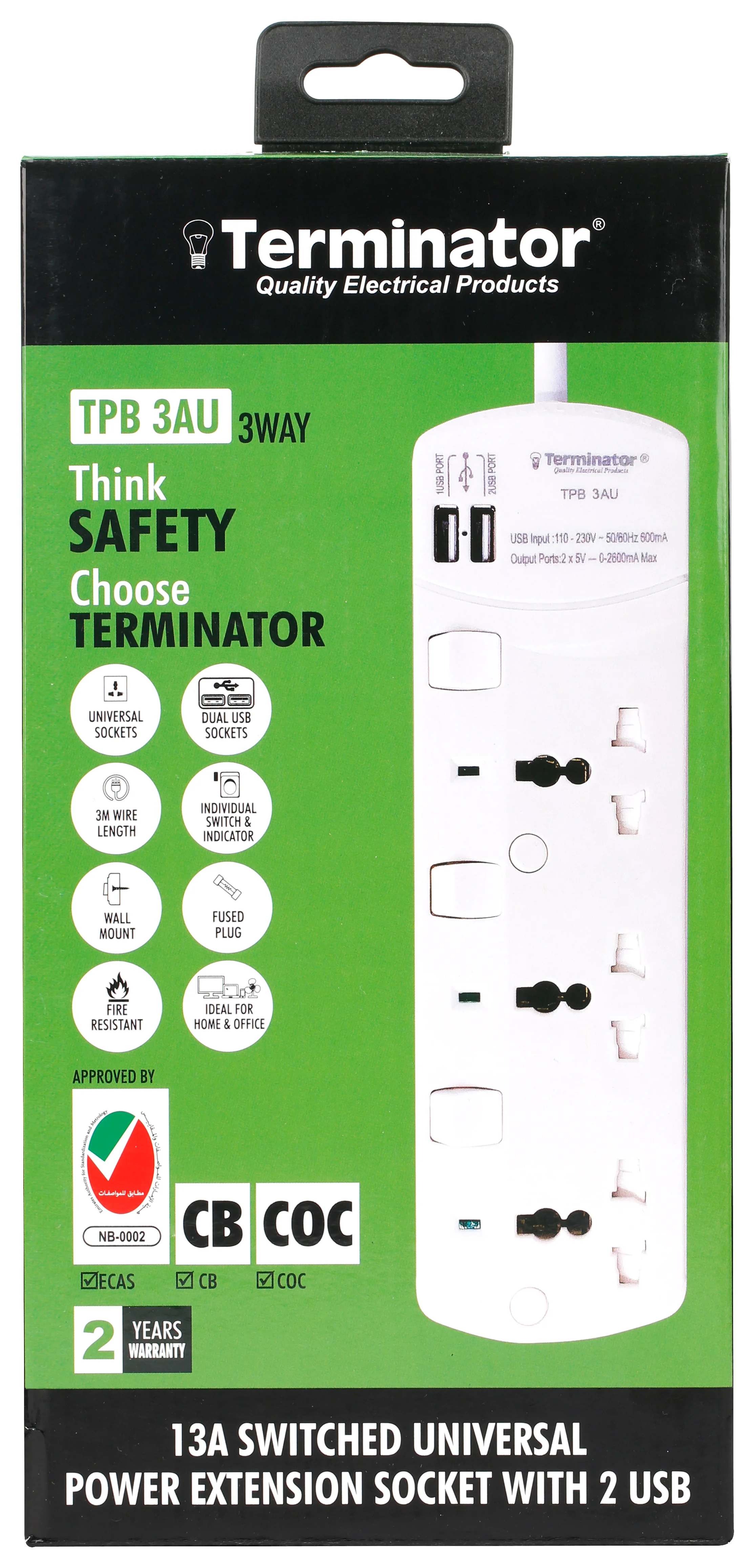 TERMINATOR 3 Way Universal Power Extension Socket With Individual Switches & Indicators 2 USB & 3M 13A