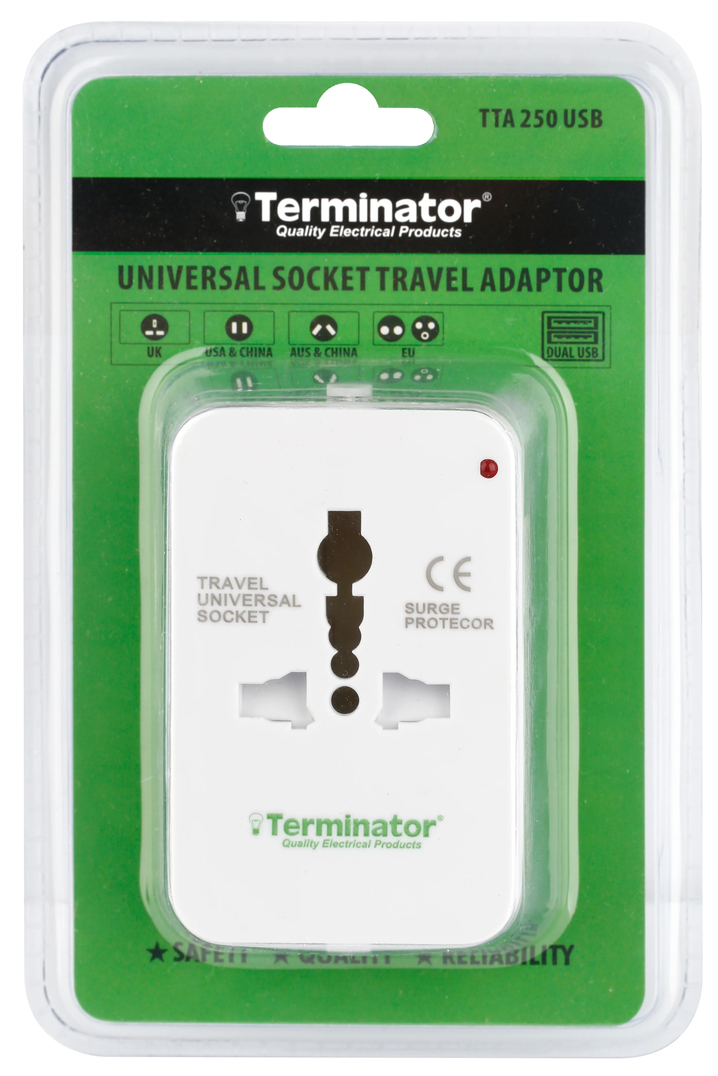 TERMINATOR Multi Pin Travel Adaptor With Universal Socket & 2 USB 2.1A