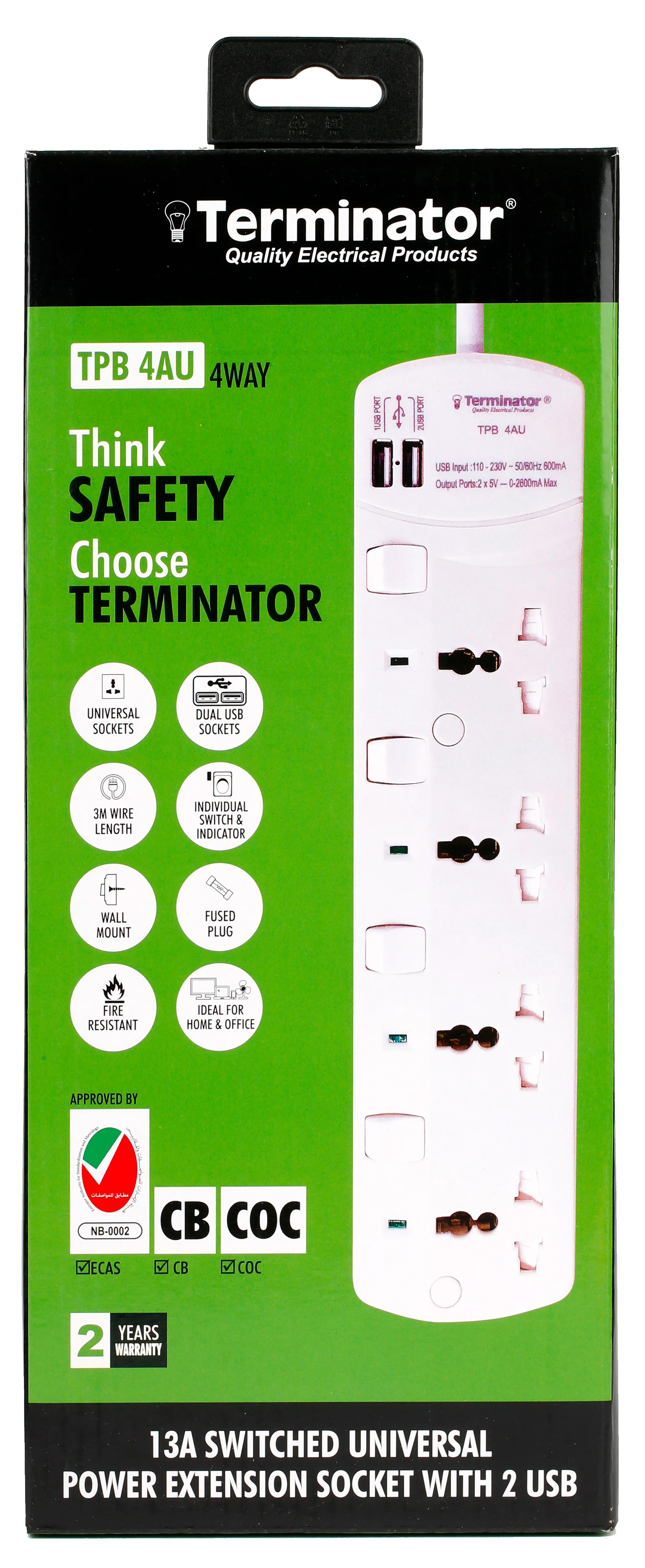 TERMINATOR 4 Way Universal Power Extension Socket With Individual Switches & Indicators 2 USB & 3M 13A