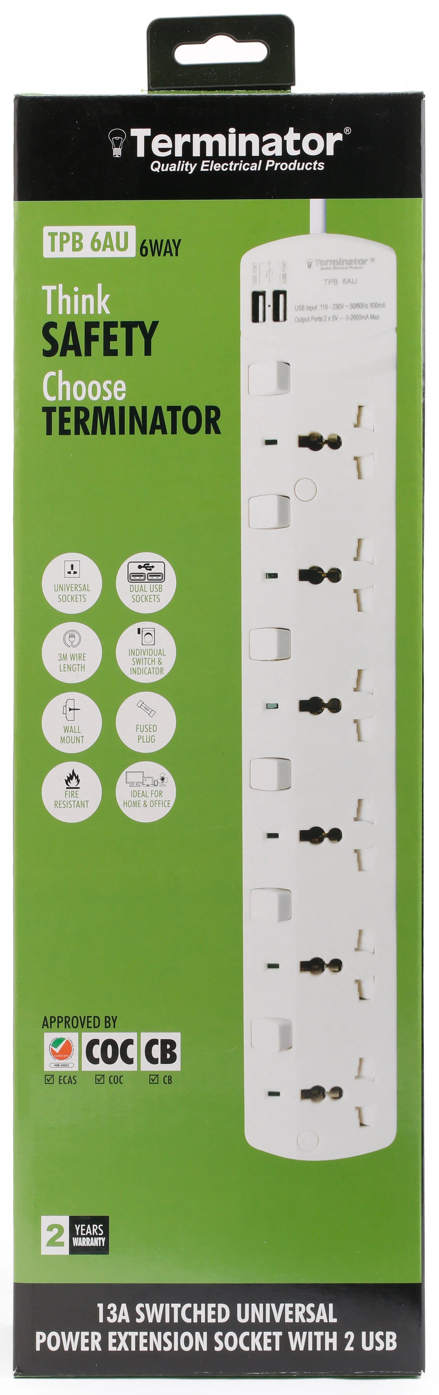 TERMINATOR 6 Way Universal Power Extension Socket With Individual Switches & Indicators 2USB 3M 13A