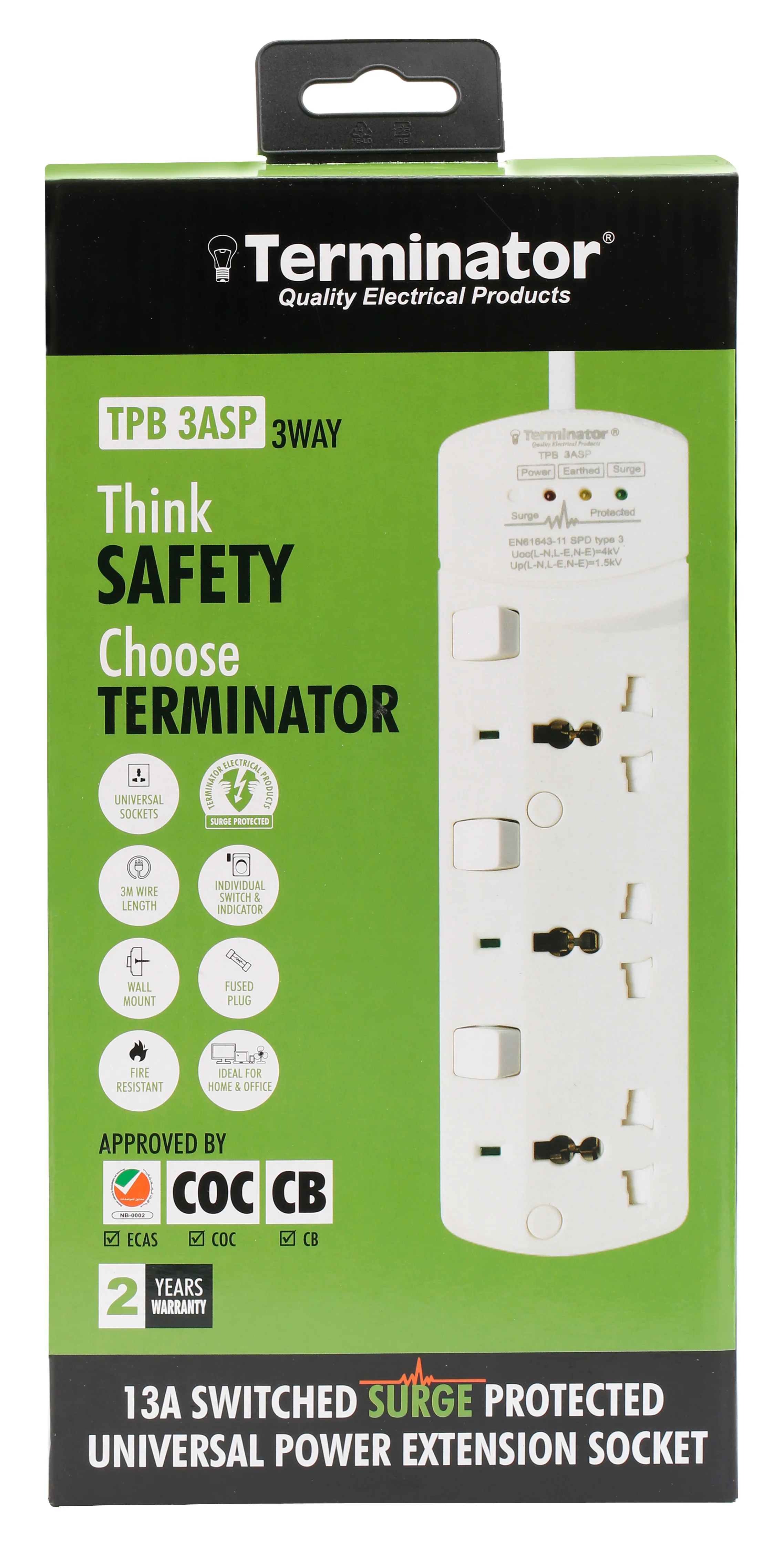 TERMINATOR 3 Way Universal Power Extension Socket With Surge Protection,Individual Switches & Indicators 3M 13A