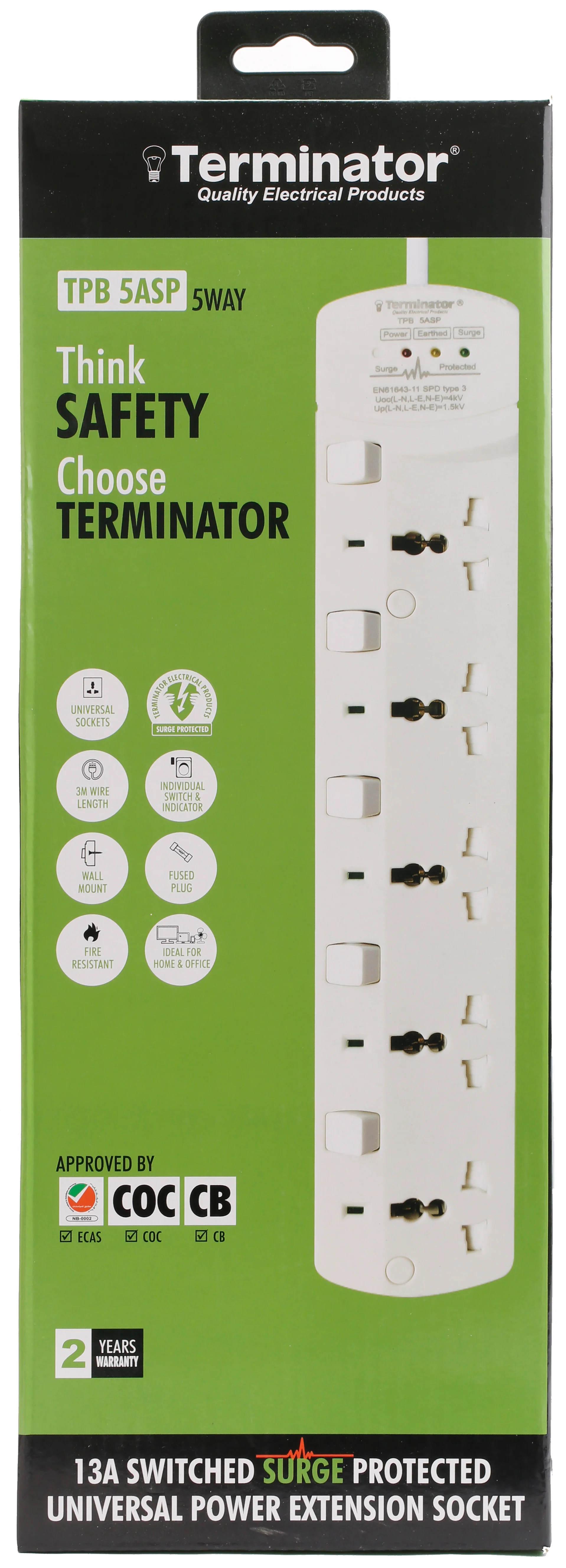 TERMINATOR 5 Way Universal Power Extension Socket With Surge Protection Individual Switches & Indicators 3M 13A