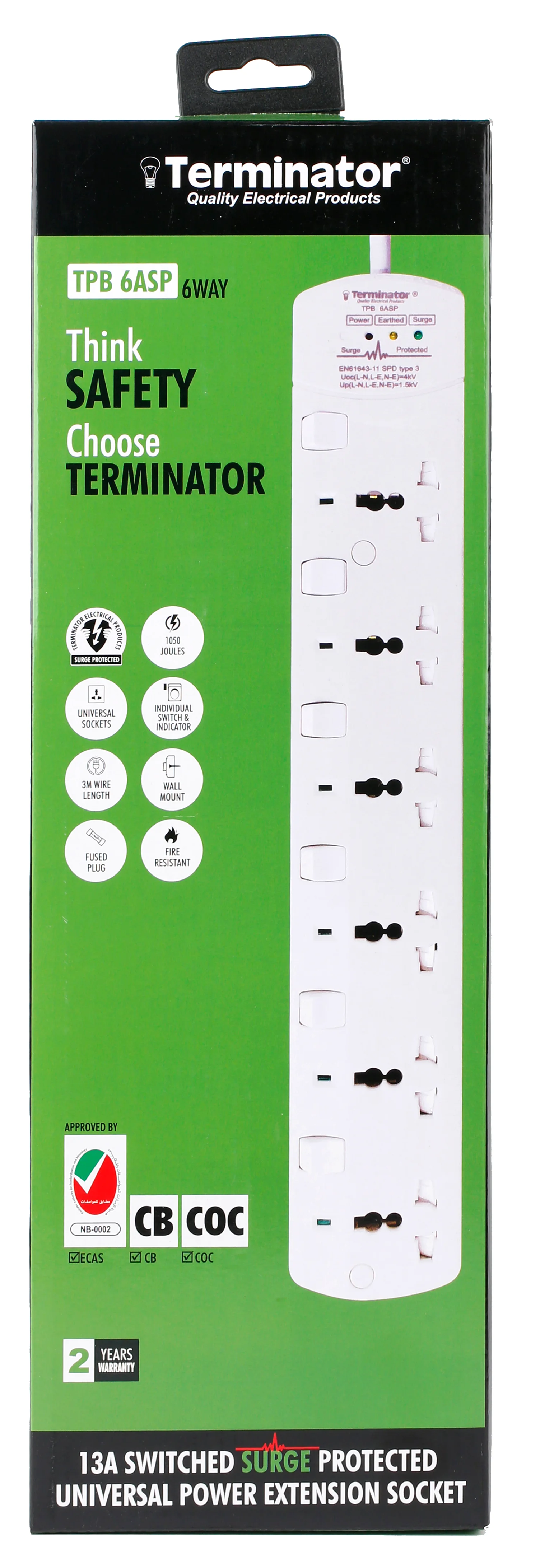 TERMINATOR 6 Way Universal Power Extension Socket With 3 LED Surge Protection Individual Switches & Indicators 3M 13A