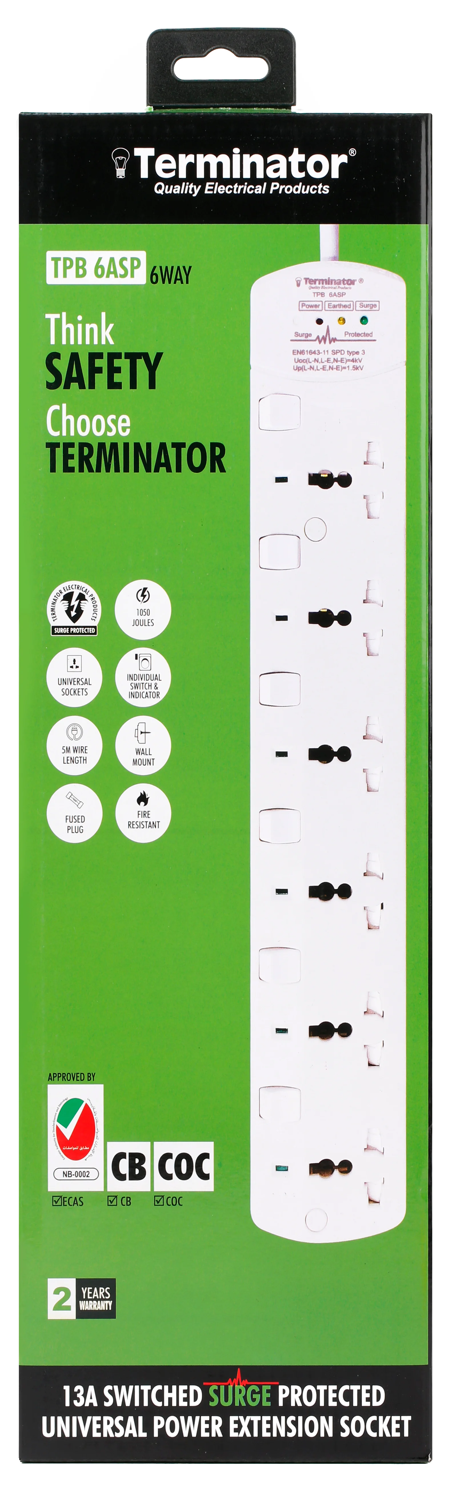 TERMINATOR 6 Way Universal Power Extension Socket With 3 LED Surge Protection Individual Switches & Indicators 5M 13A