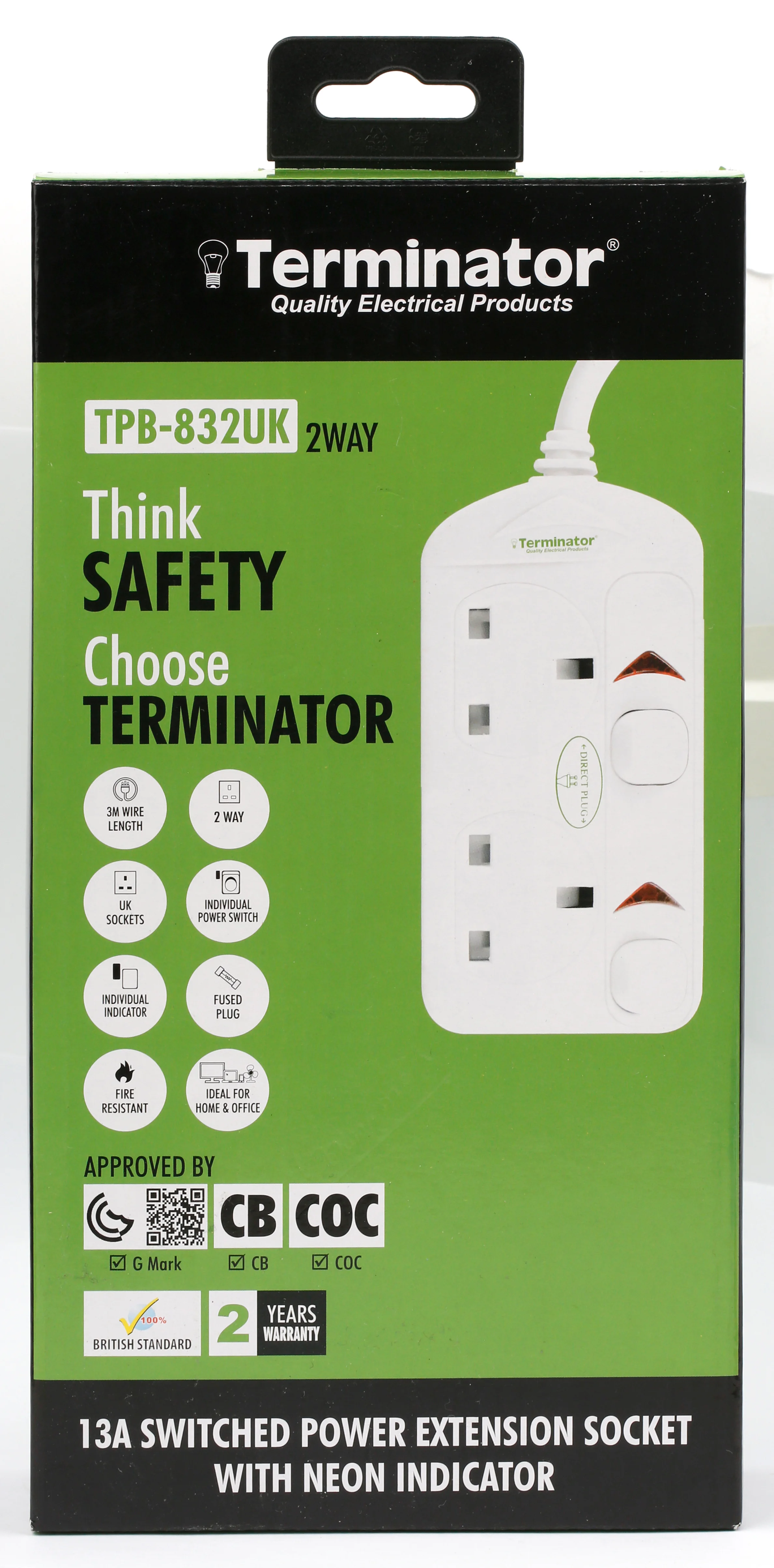 TERMINATOR 2 Way UK Power Extension Socket With Individual Switches 3M 1.25mm2 Cable 13A Plug