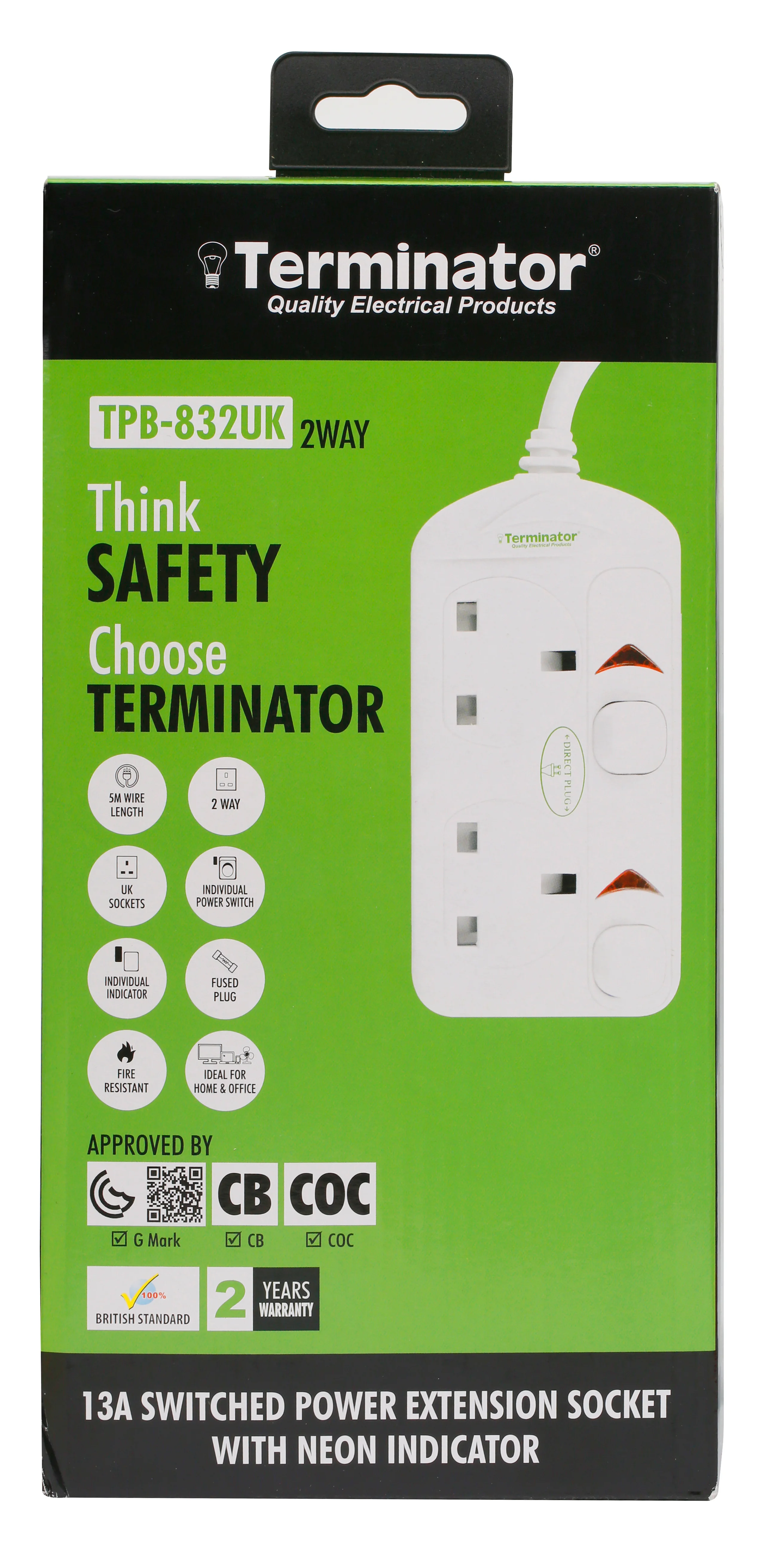 TERMINATOR 2 Way UK Power Extension Socket With Individual Switches 5M 1.25mm2 Cable 13A Plug