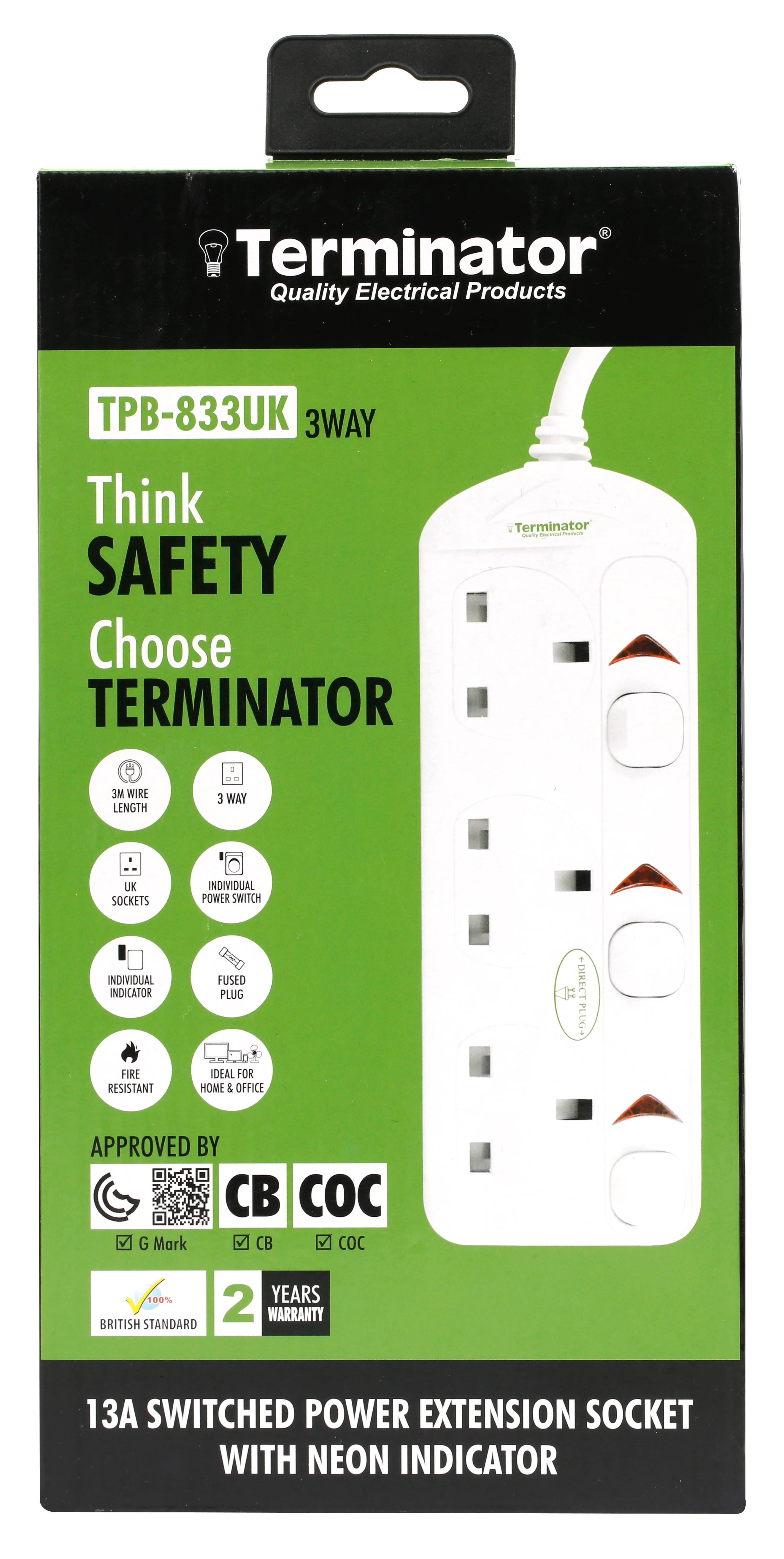 TERMINATOR 3 Way UK Power Extension Socket With Individual Switches 3M 1.25mm2 Cable 13A Plug