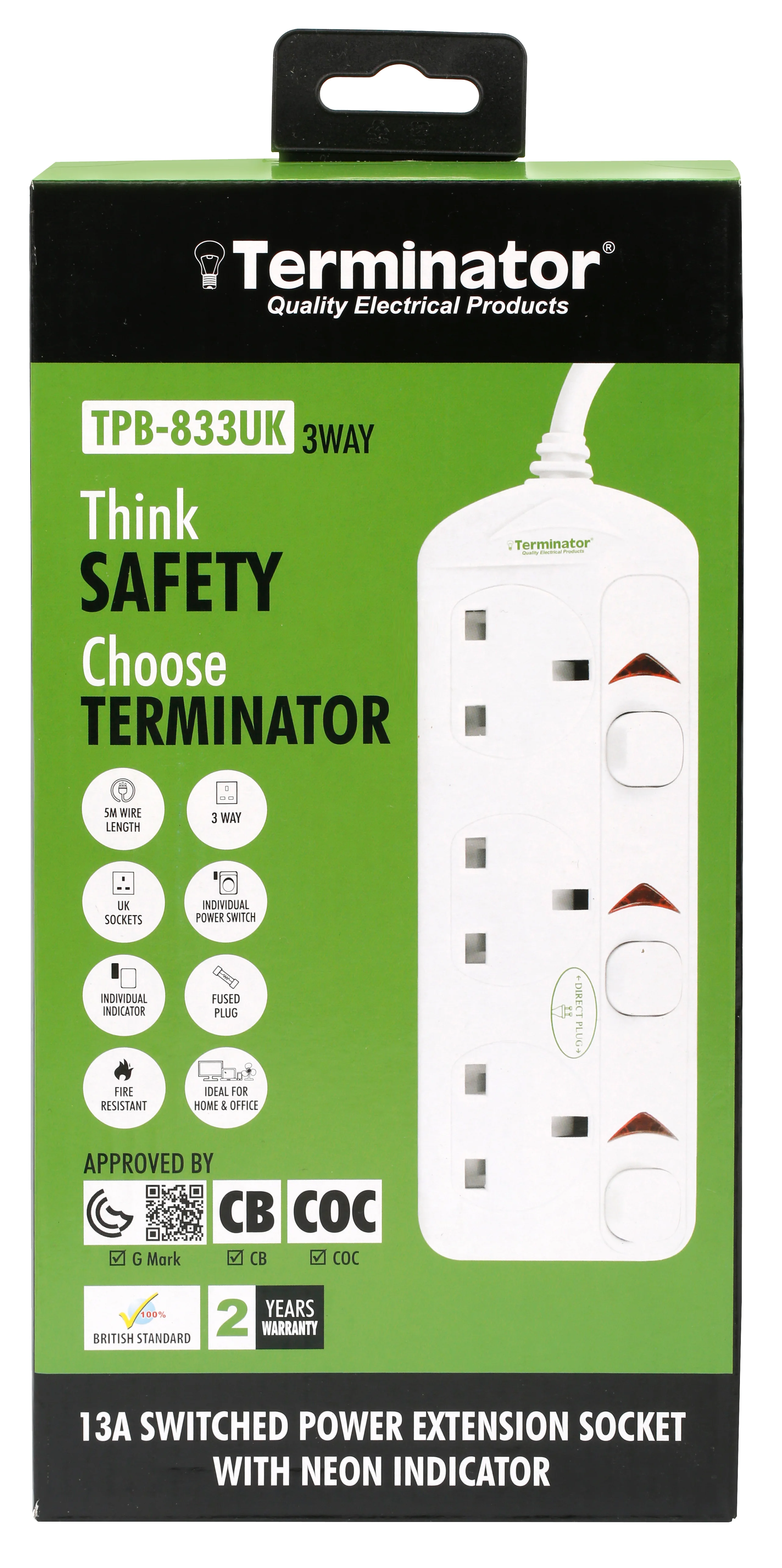 TERMINATOR 3 Way UK Power Extension Socket With Individual Switches 5M 1.25mm2 Cable 13A Plug