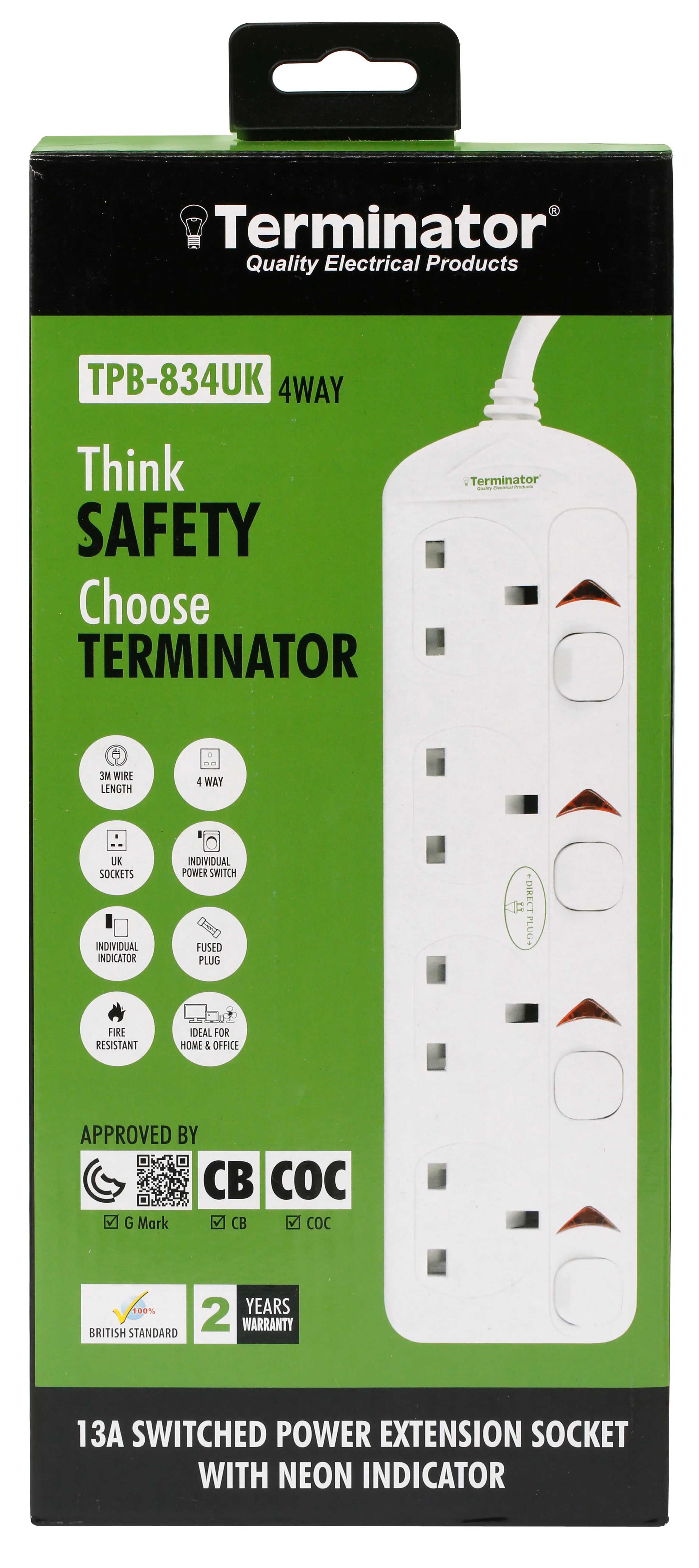 TERMINATOR 4 Way UK Power Extension Socket With Individual Switches 3M 1.25mm2 Cable 13A Plug