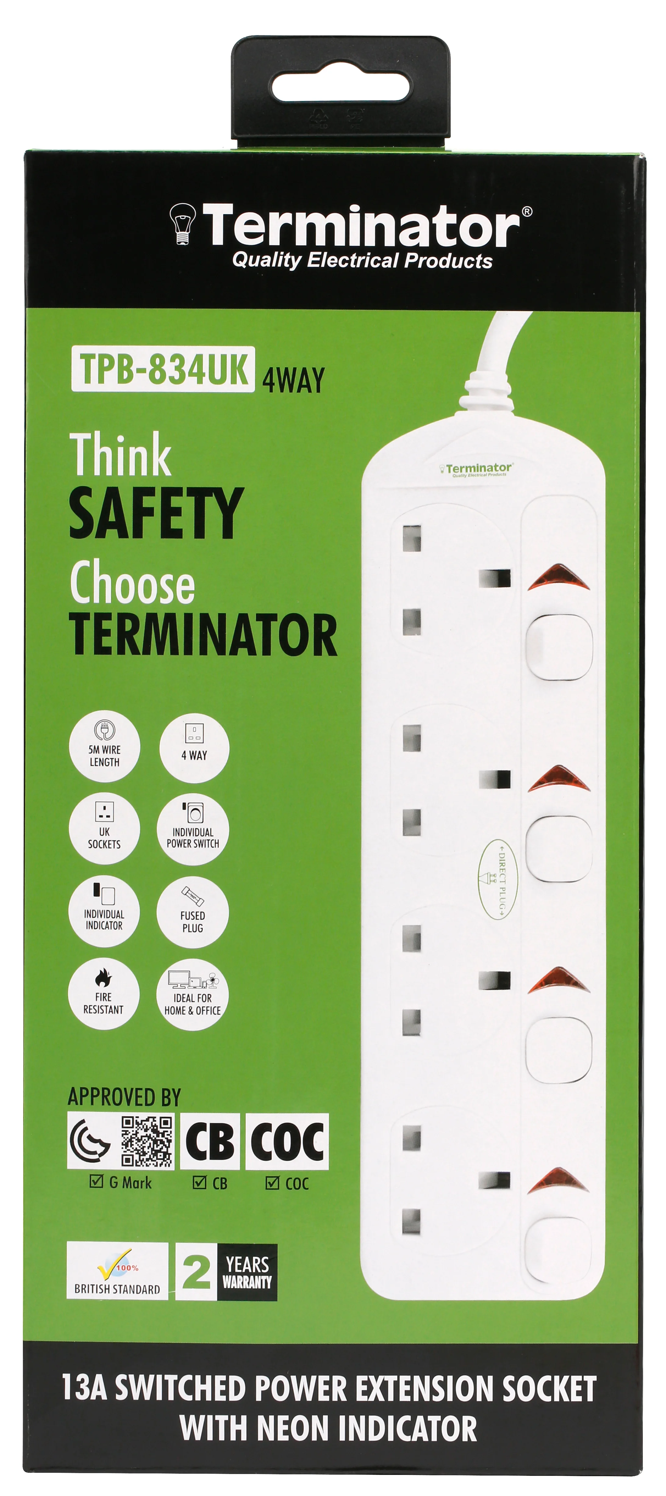 TERMINATOR 4 Way UK Power Extension Socket With Individual Switches 5M 1.25mm2 Cable 13A Plug