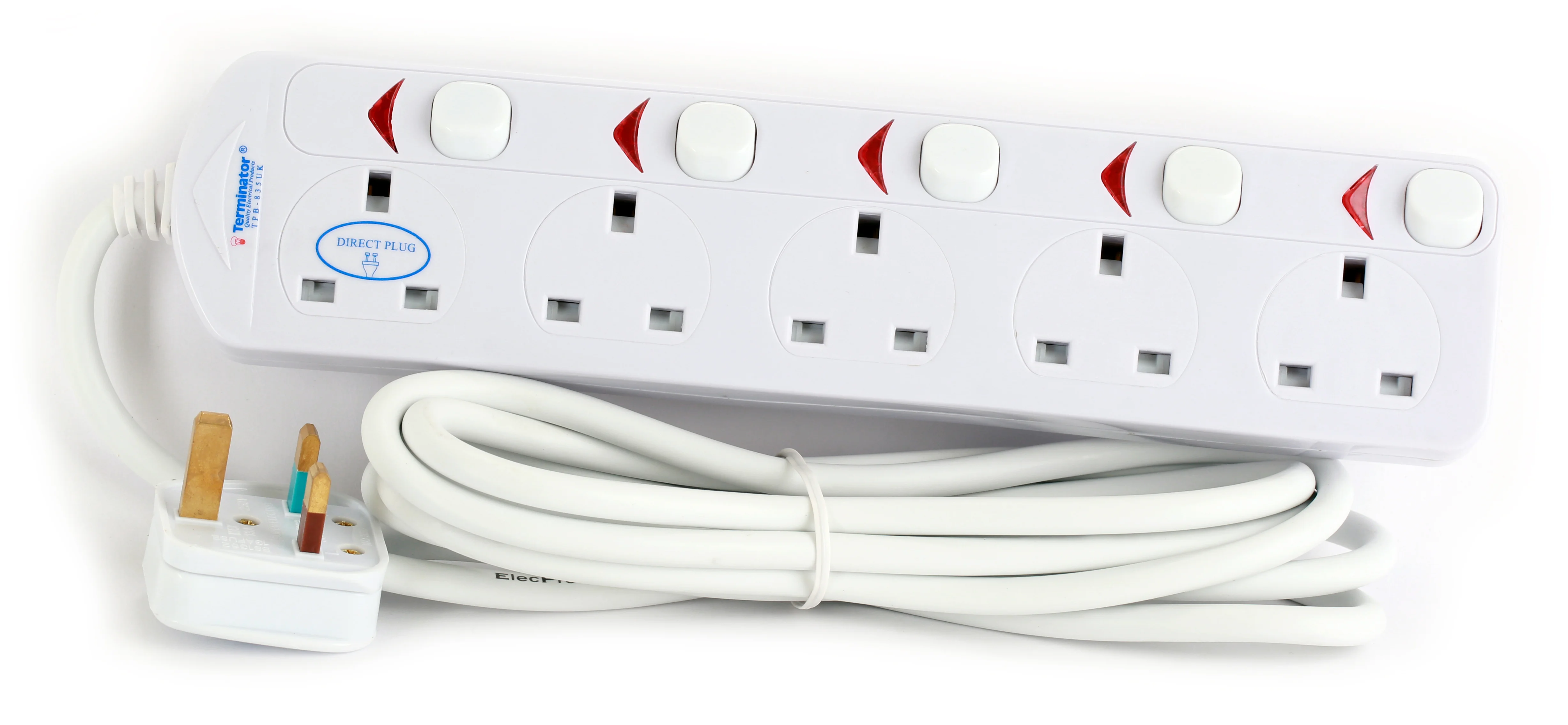 TERMINATOR 5 Way UK Power Extension Socket With Individual Switches 3M 1.25mm2 Cable 13A Plug