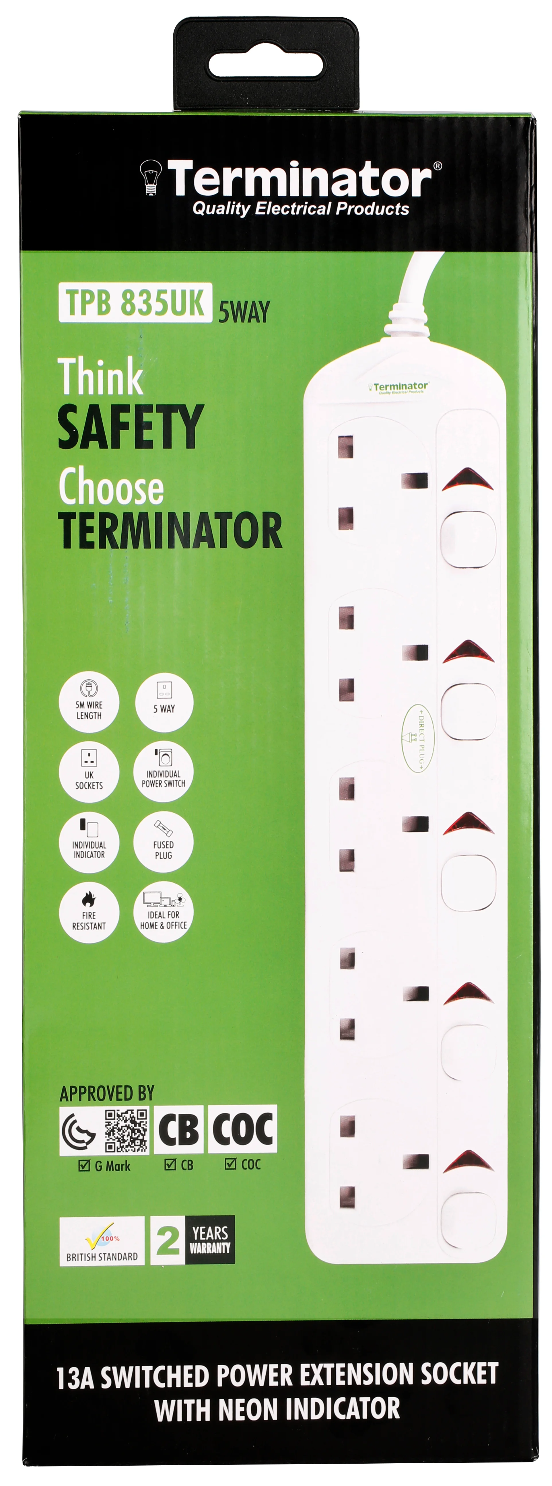 TERMINATOR 5 Way UK Power Extension Socket With Individual Switches 5M 1.25mm2 Cable 13A Plug