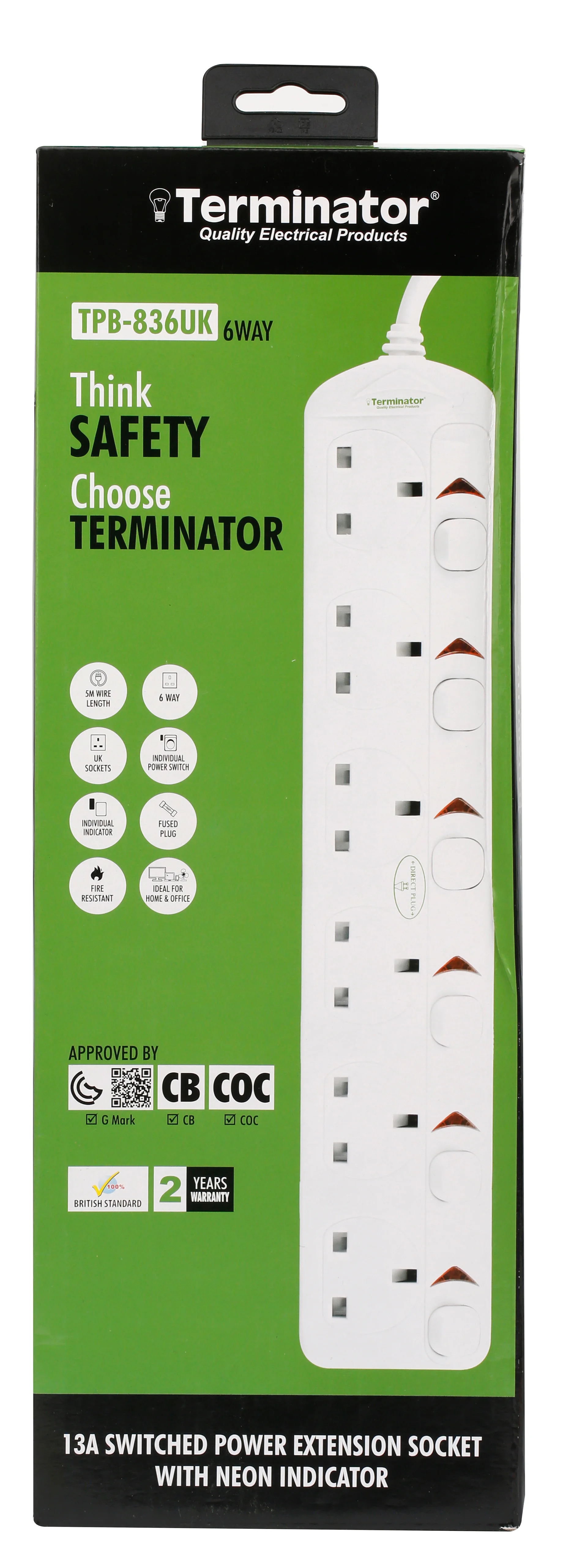 TERMINATOR 6 Way UK Power Extension Socket With Individual Switches 5M 1.25mm2 Cable 13A Plug