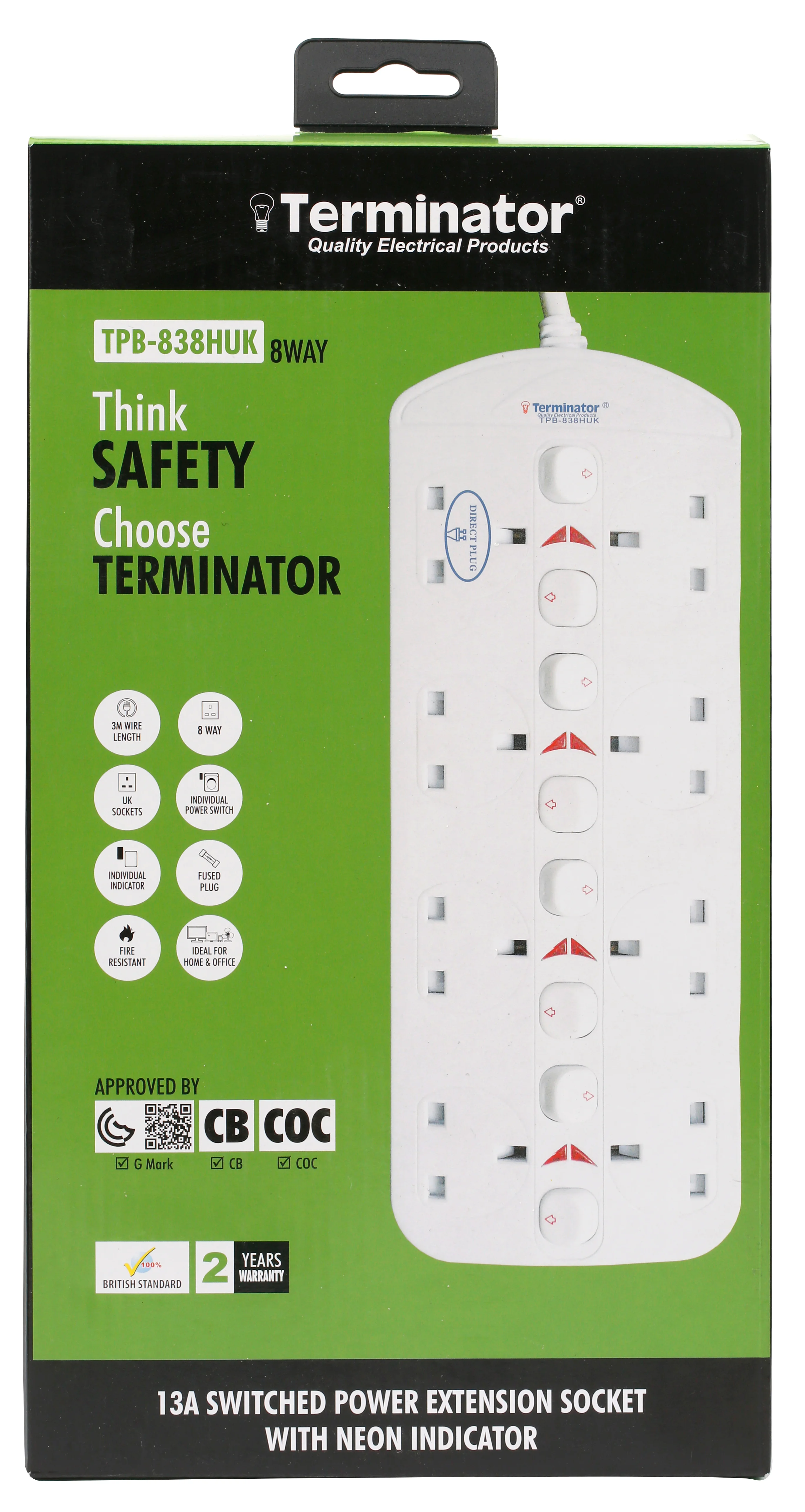 TERMINATOR 8 Way Double Side UK Power Extension Socket With Individual Switches 3M 1.25mm2 Cable 13A Plug