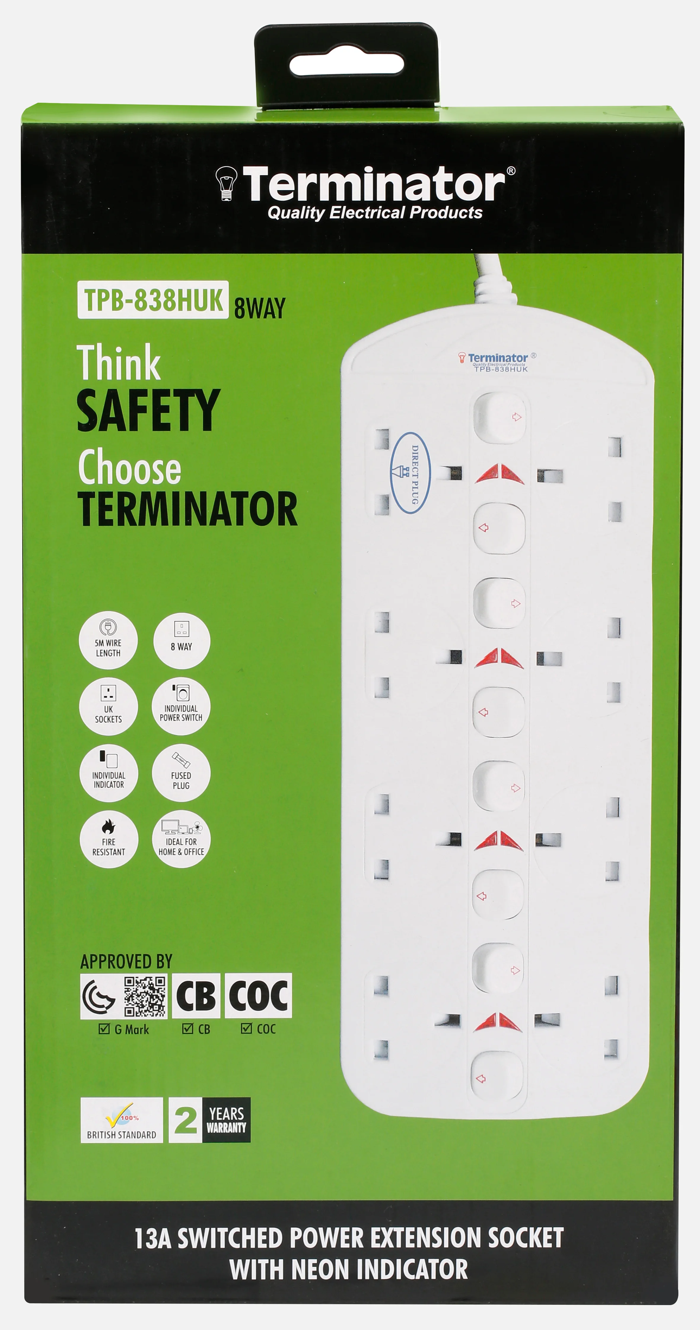 TERMINATOR 8 Way Double Side UK Power Extension Socket With Individual Switches 5M 1.25mm2 Cable 13A Plug