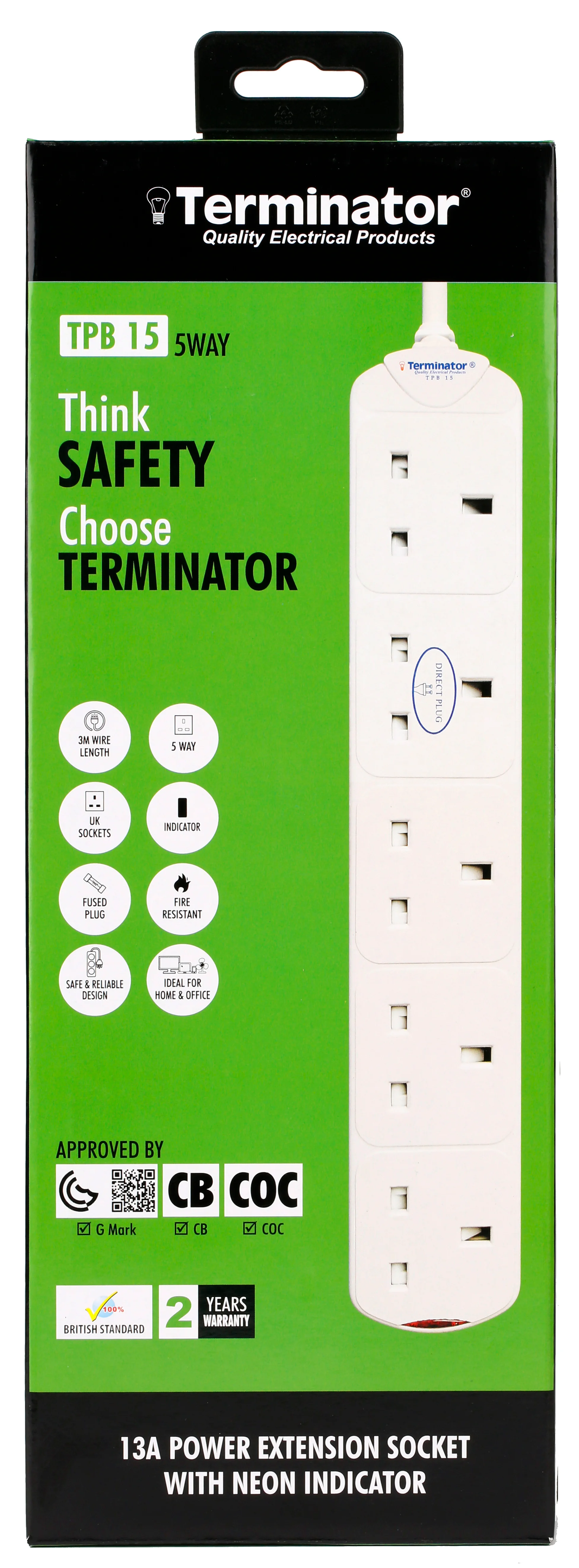 TERMINATOR 5 Way UK Power Extension Socket 3M 1.25mm2 Cable 13A Plug