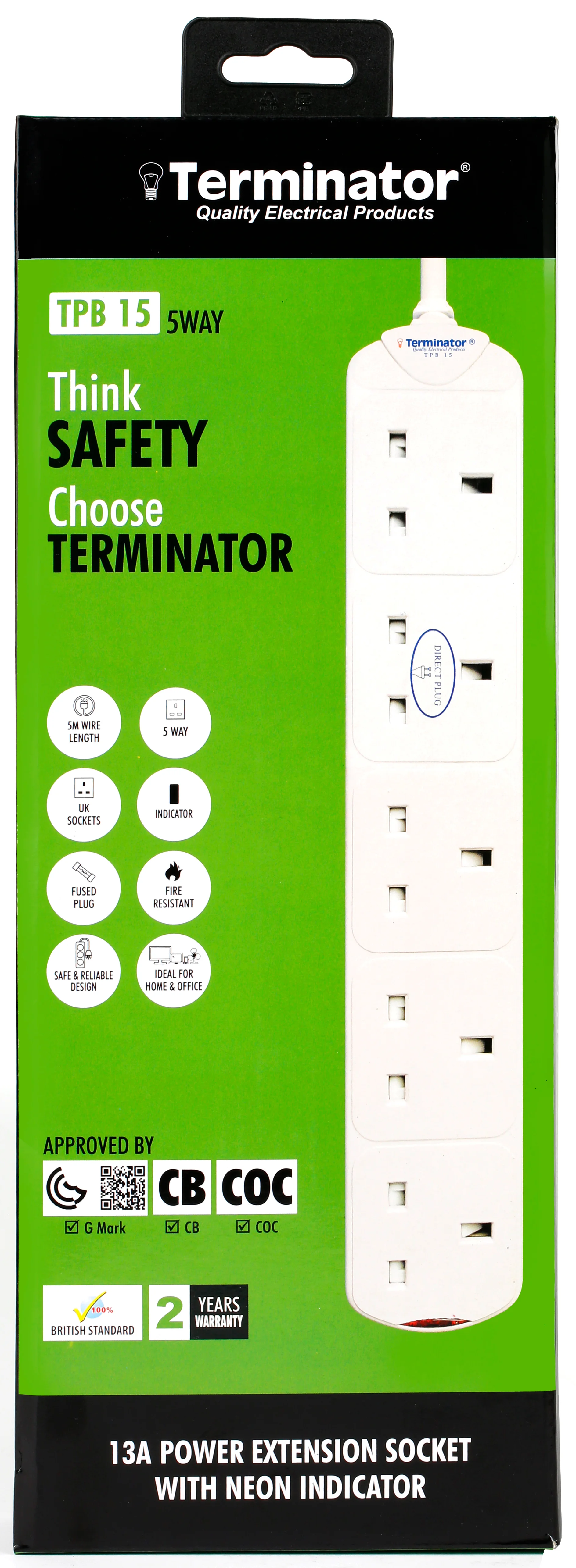 TERMINATOR 5 Way UK Power Extension Socket 5M 1.25mm2 Cable 13A Plug