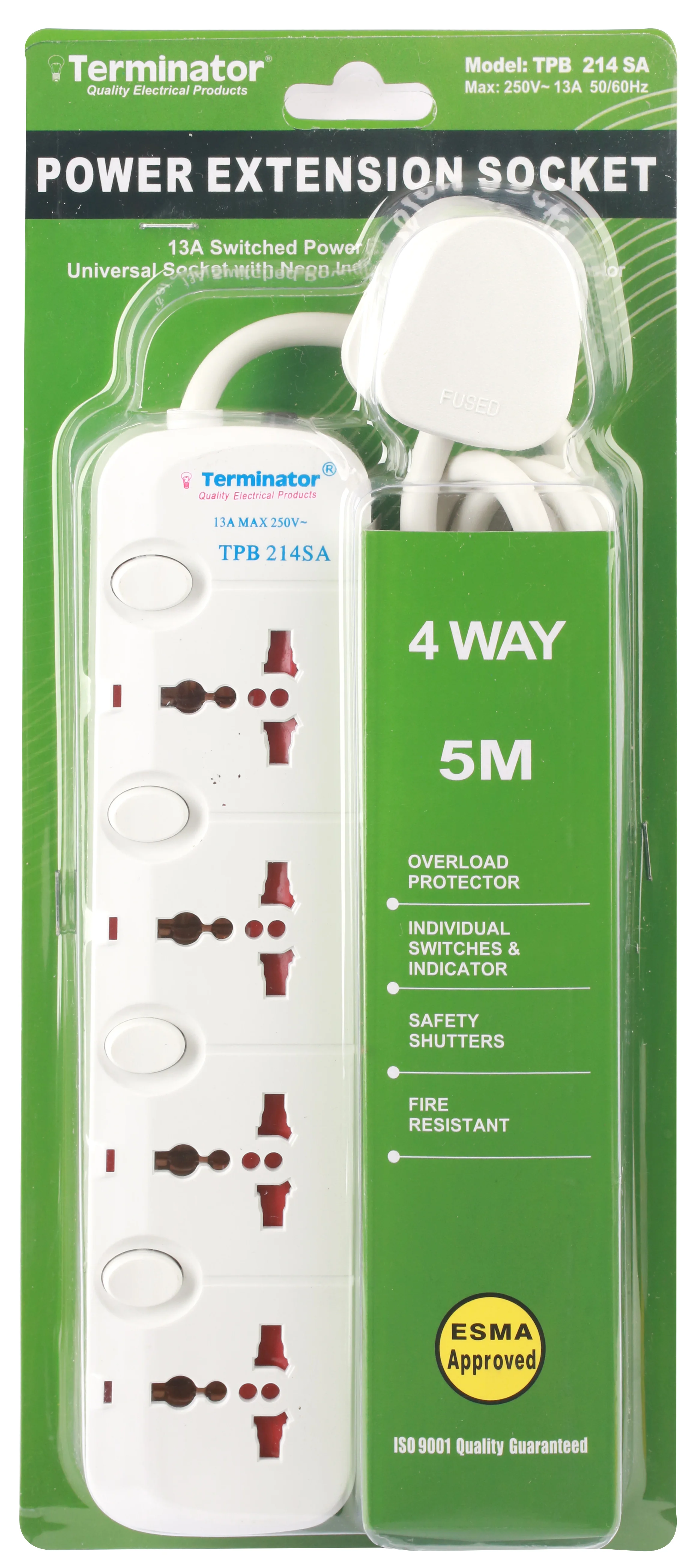 TERMINATOR 4 Way Universal Power Extension Socket 5M