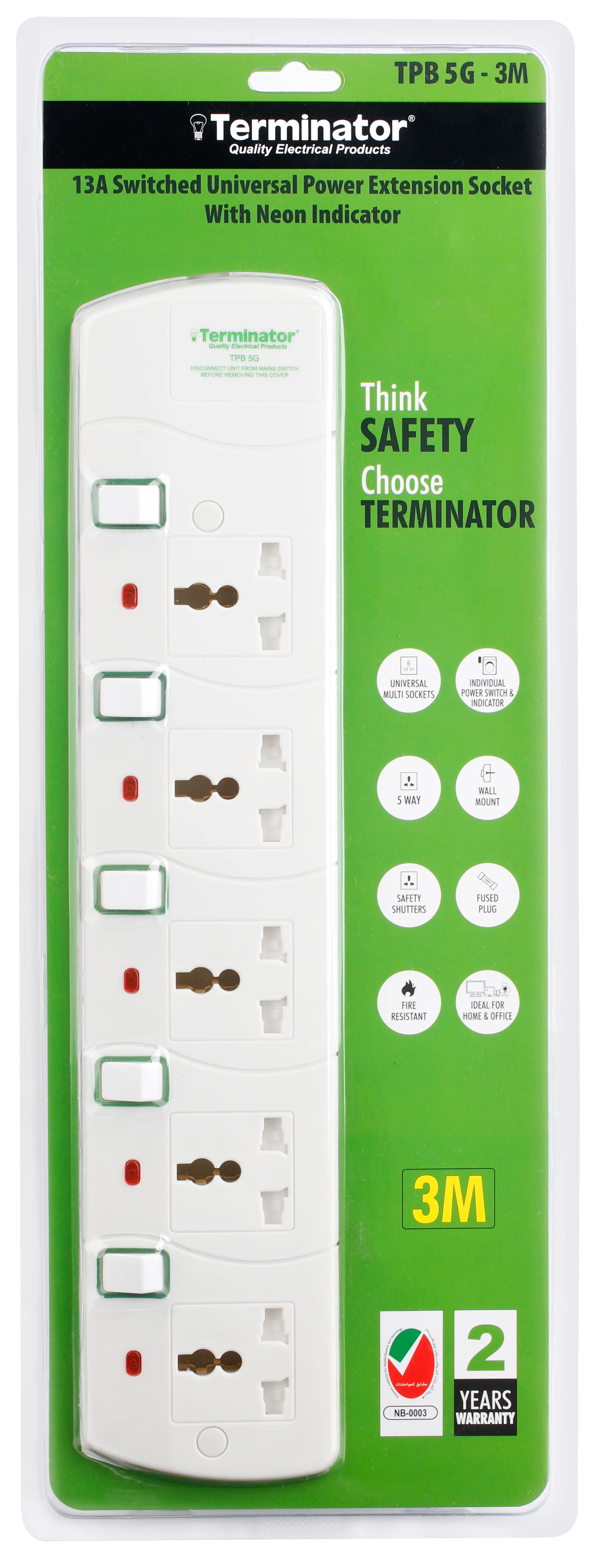 TERMINATOR 5 Way Universal Power Extension Socket 13A 3M