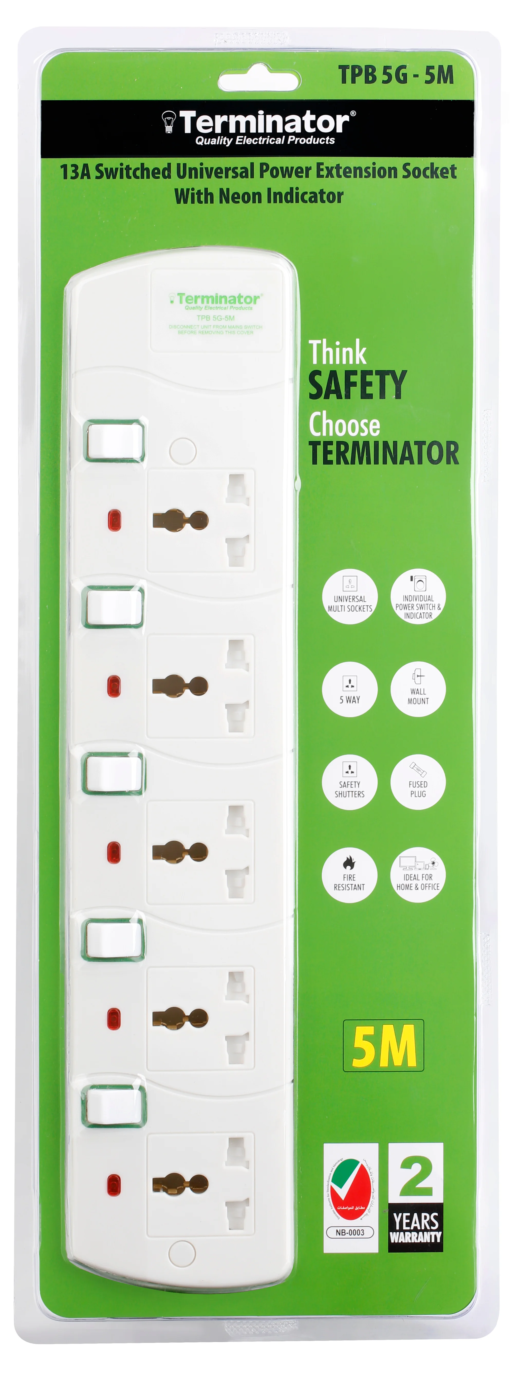 TERMINATOR 5 Way Universal Power Extension Socket with 13A Plug and 5M