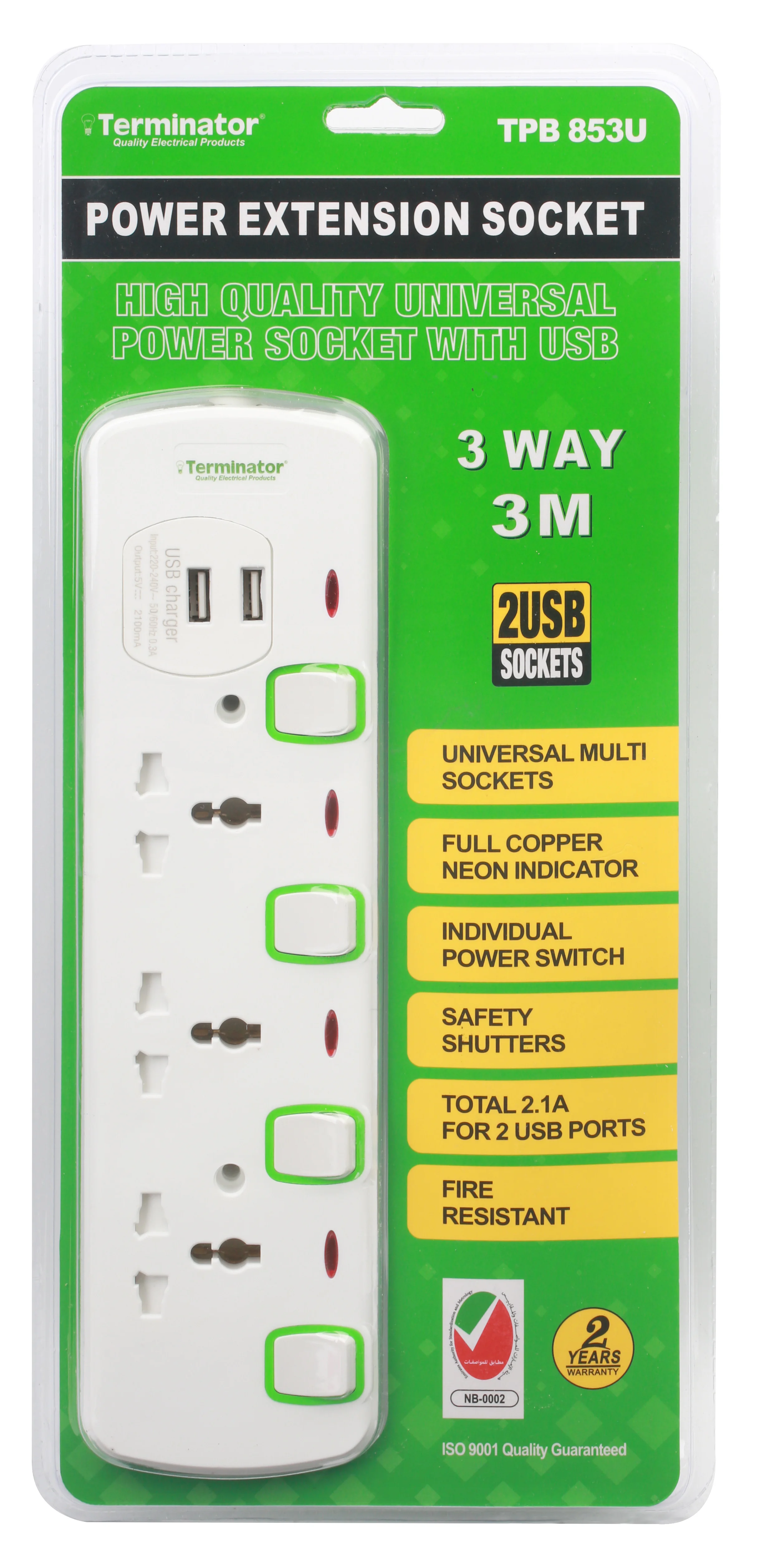 TERMINATOR 3 Way Universal Power Extension Socket With 2 USB 2.1A, 3M Cable 13A