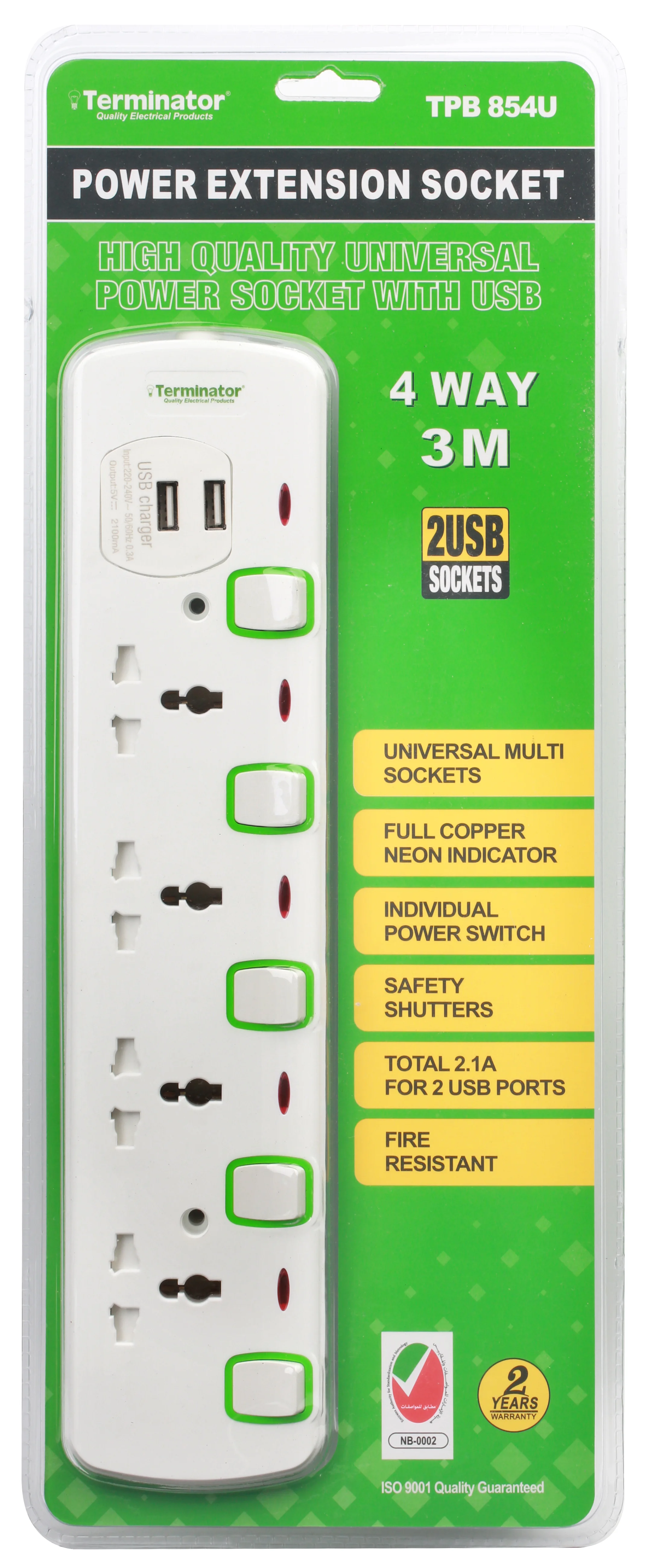 TERMINATOR 4 Way Universal Power Extension Socket With 2 USB 2.1A, 3M Cable 13A