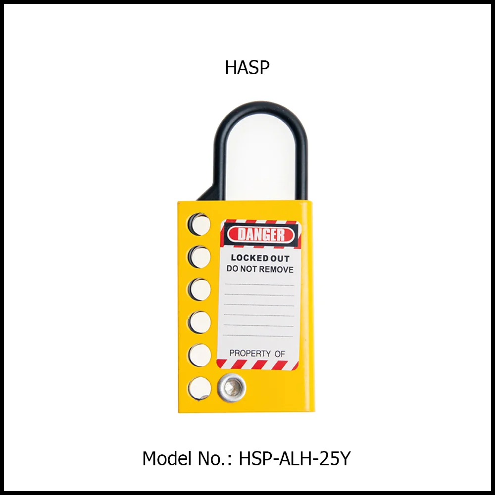 Hasp – Aluminium, Nylon shackle. 6 locks capacity. Color: Yellow / Black. Model No: HSP-ALH-25Y