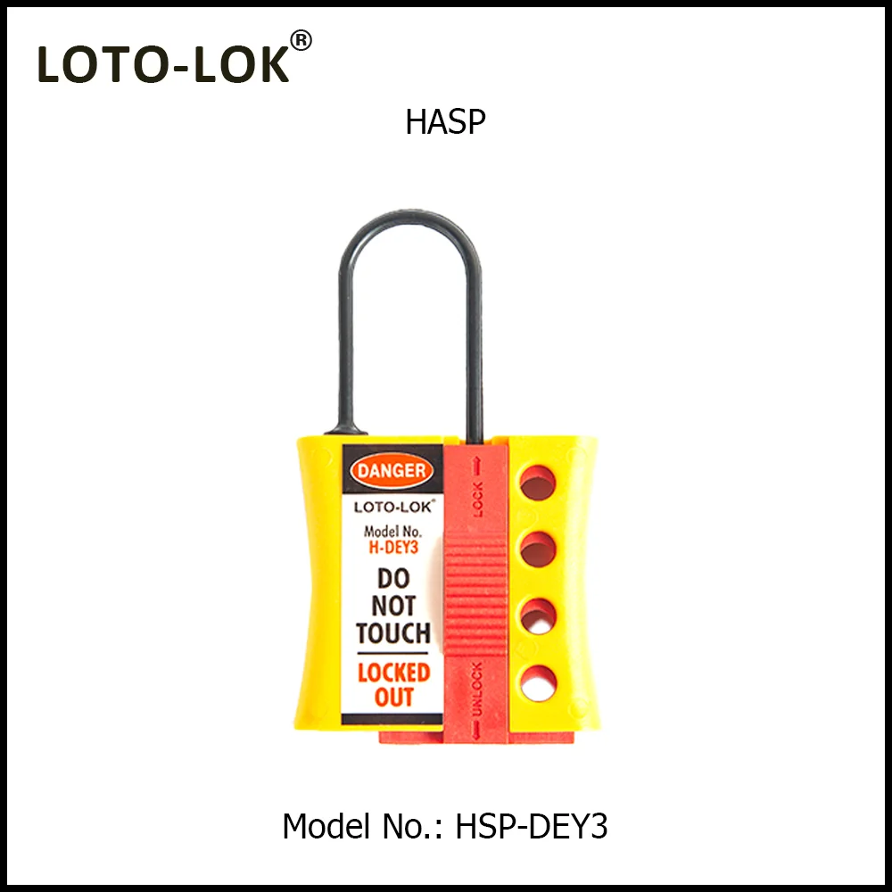 Hasp – Nylon, Di-Electric 3.0mm Shackle diameter. accommodates 4 Padlocks. Color: Yellow / Red. Model No: HSP-DEY3