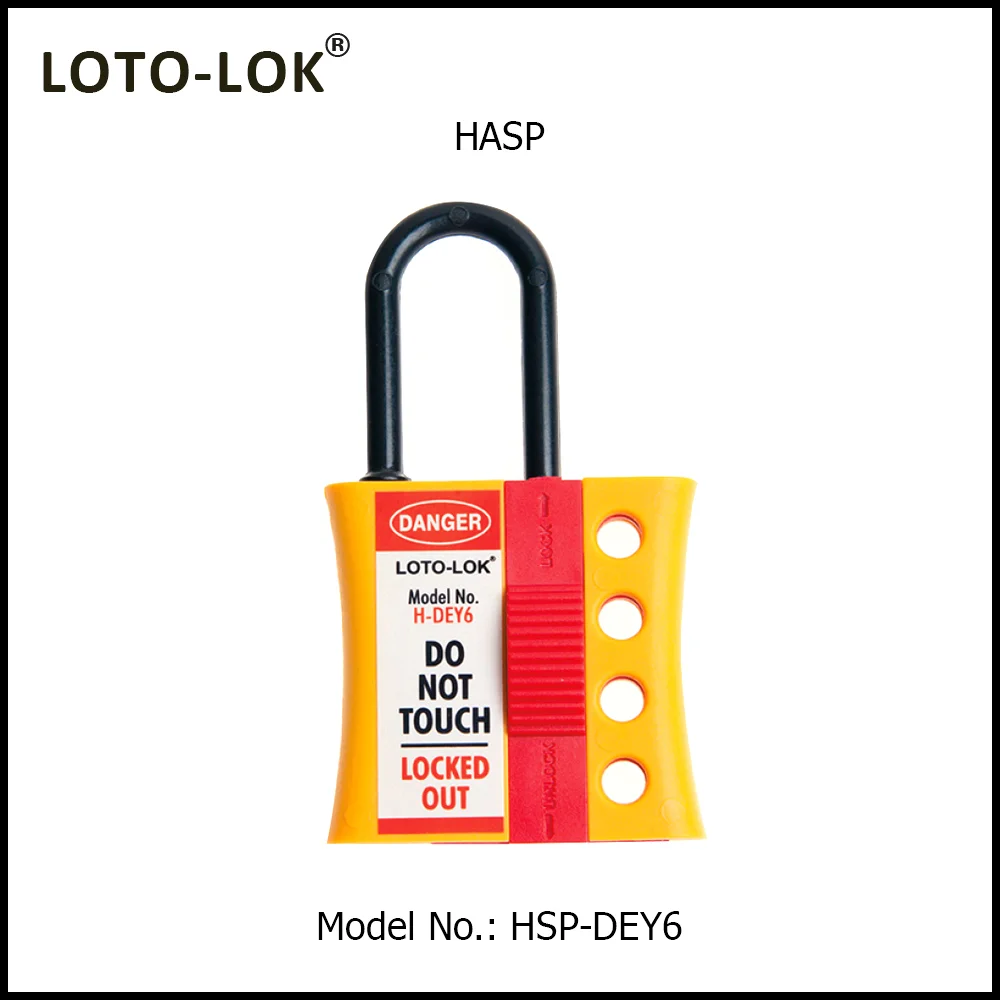 Hasp, Nylon, Di-Electric, Yellow / Red color with 4 locks capacity. Size: 6.0 mm Shackle diameter. Model No: HSP-DEY6