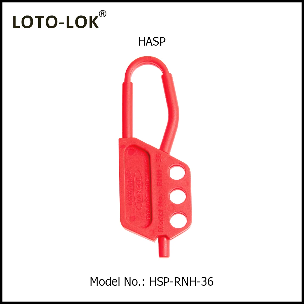 Hasp – Nylon, Non Conductive, Color: Red, 3 locks capacity. Size: 6.0 mm Shackle diameter. Model No: HSP-RNH-36