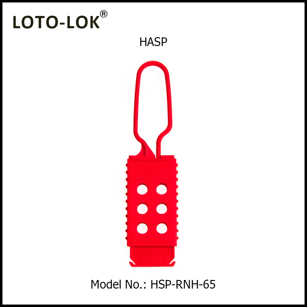 Hasp – Nylon, Non Conductive, Color: Red, 6 locks capacity. Size: 6.0 mm Shackle diameter. Model No: HSP-RNH-65