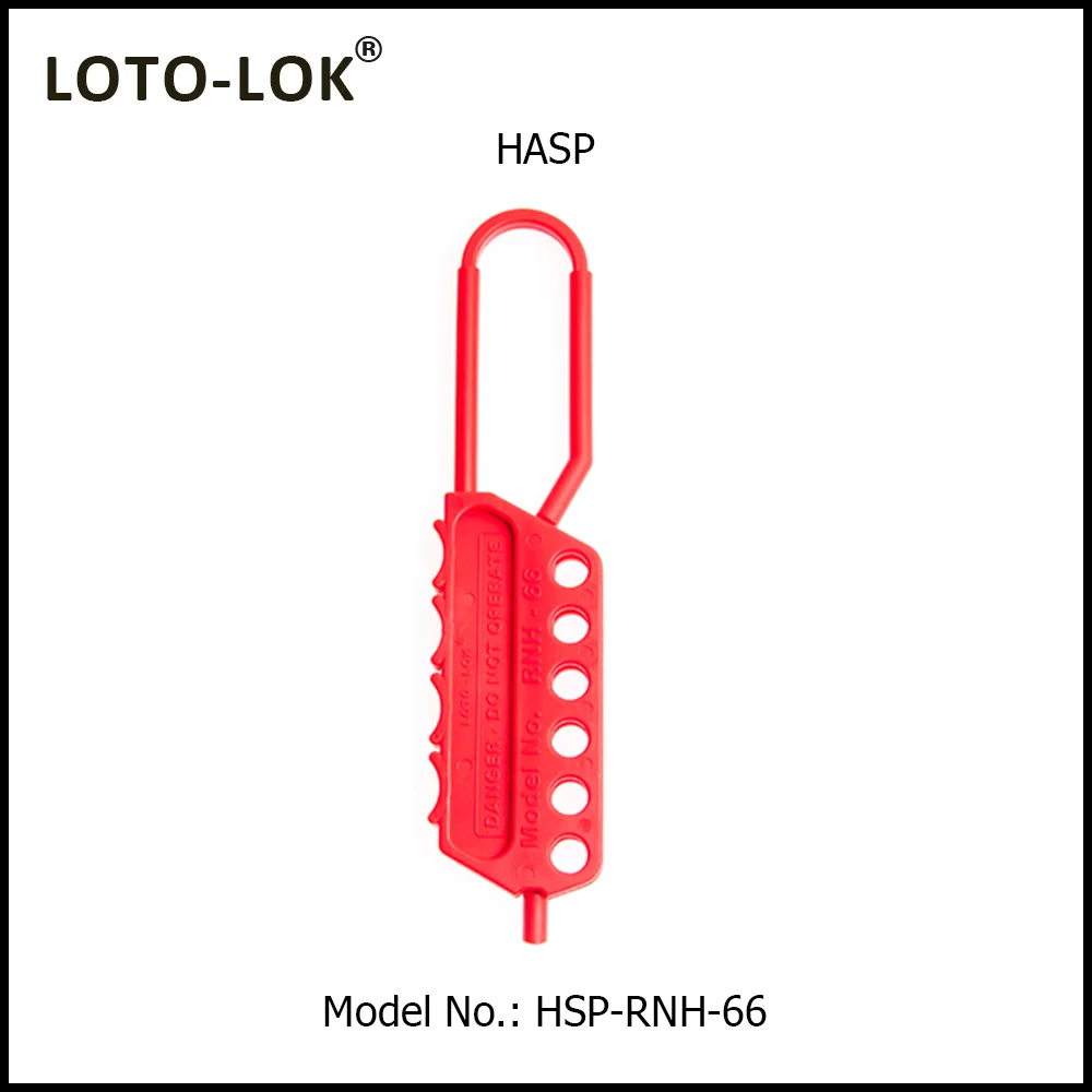 Hasp – Nylon, Non Conductive, Color: Red, 6 locks capacity. Size: 6.0 mm Shackle diameter. Model No: HSP-RNH-66