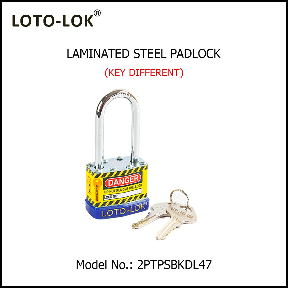 Laminated Steel Safety Lockout Padlock - Steel Laminated Body with LONG Chrome Plated Steel Shackle, with BLUE color Bumper. Model No: 2PTPSBKDL47