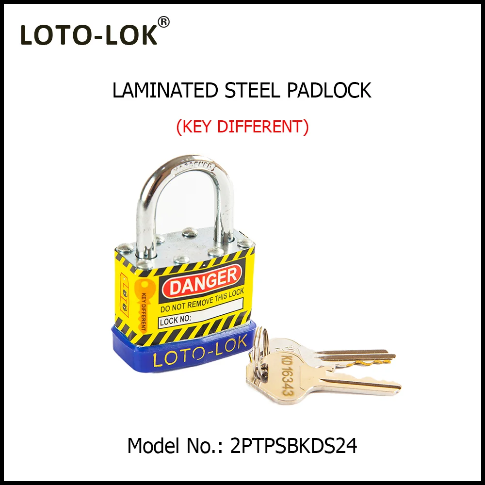 Laminated Steel Safety Lockout Padlock - Steel Laminated Body with REGULAR Chrome Plated Steel Shackle, with BLUE color Bumper. Model No: 2PTPSBKDS24