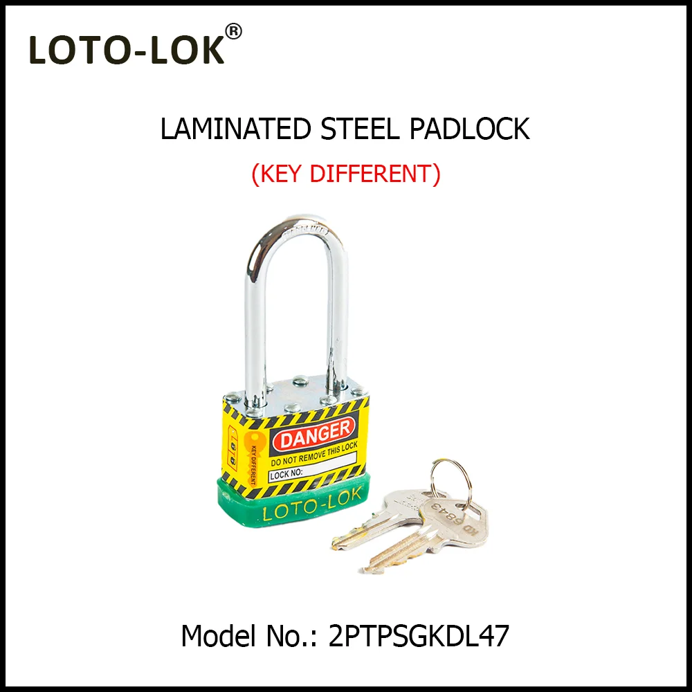 Laminated Steel Safety Lockout Padlock - Steel Laminated Body with LONG Chrome Plated Steel Shackle, with GREEN color Bumper. Model No: 2PTPSGKDL47