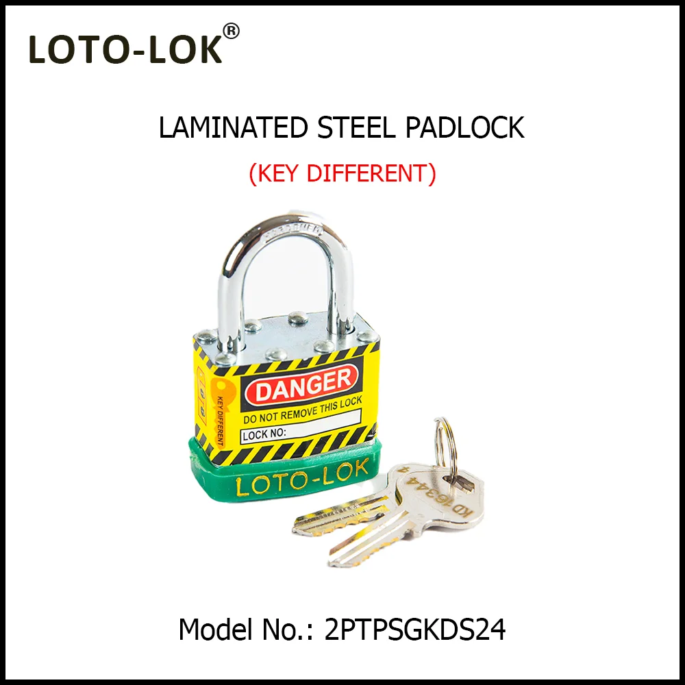 Laminated Steel Safety Lockout Padlock - Steel Laminated Body with REGULAR Chrome Plated Steel Shackle, with GREEN color Bumper. Model No: 2PTPSGKDS24