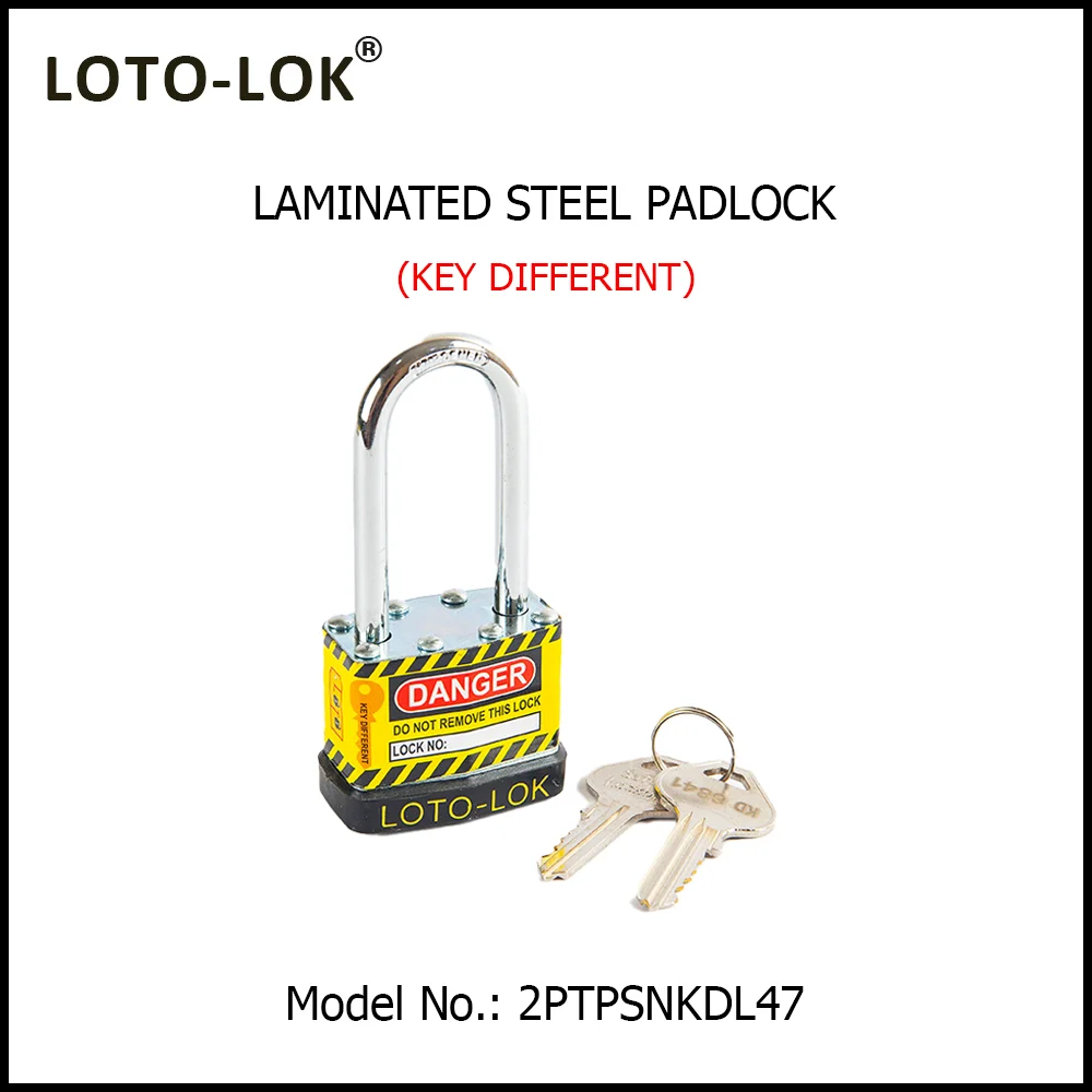 Laminated Steel Safety Lockout Padlock - Steel Laminated Body with LONG Chrome Plated Steel Shackle, with NOIR (BLACK) color Bumper. Model No: 2PTPSNKDL47